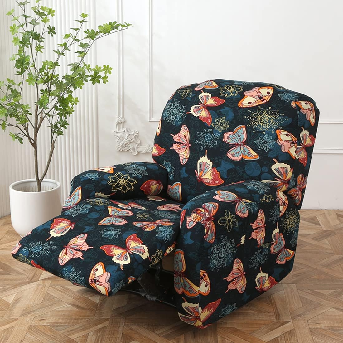 Stretch Recliner Chair Covers, 4-Piece Recliner Slipcovers Print Lazyboy Recliner Cover Soft Spandex Furniture Protector with Pocket (Butterfly, Recliner Chair)