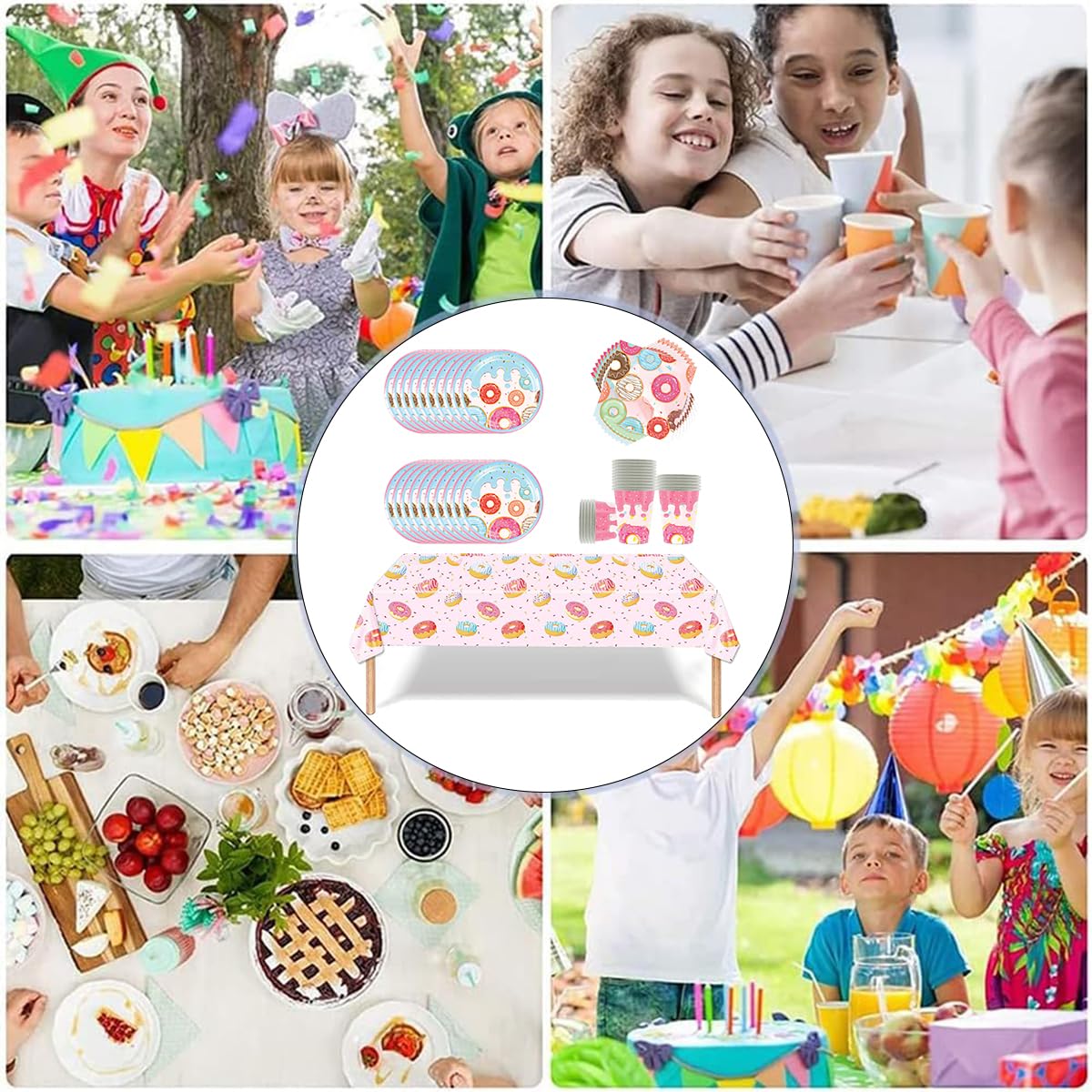 61 pezzi di stoviglie per feste a base di ciambelle,Set di stoviglie per la decorazione della festa di compleanno dei bambini, Per il battesimo dei bambini, per 20 persone