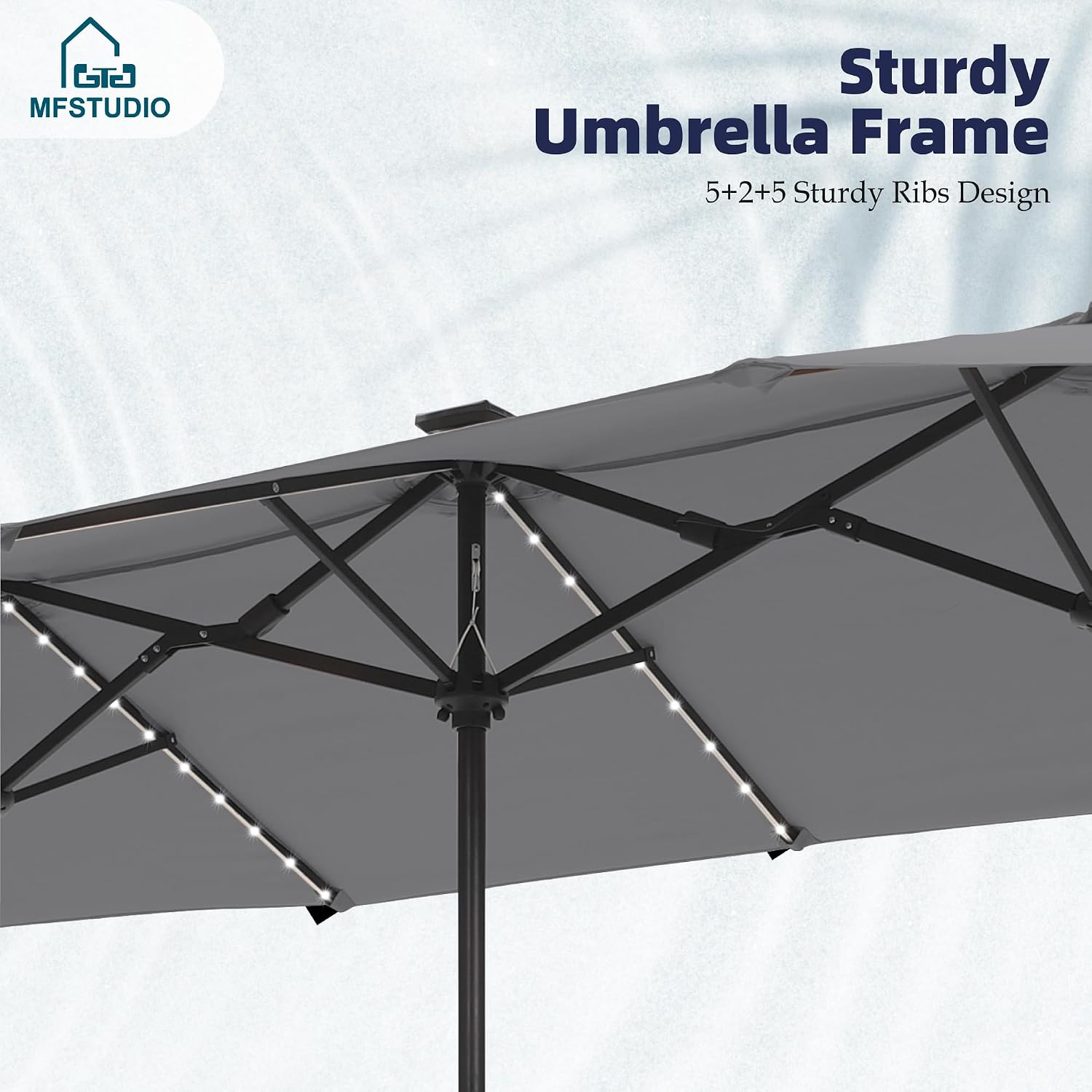MFSTUDIO 13FT Patio Umbrella with Solar Lights, Double-Sided Outdoor Table Rectangular Umbrellas with 120 LED Lights, Hand Crank for Lawn Backyard Pool, Smoky Gray