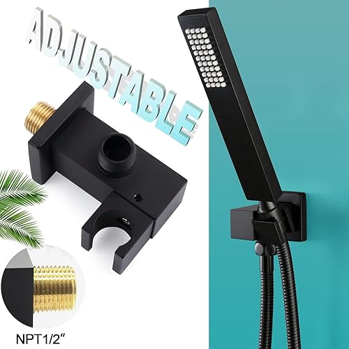 Miniatura 4 de Cabezal de ducha de mano cuadrado negro mate de latón macizo con conector de pared y sistema de manguera, juego de cabezales de ducha de mano para