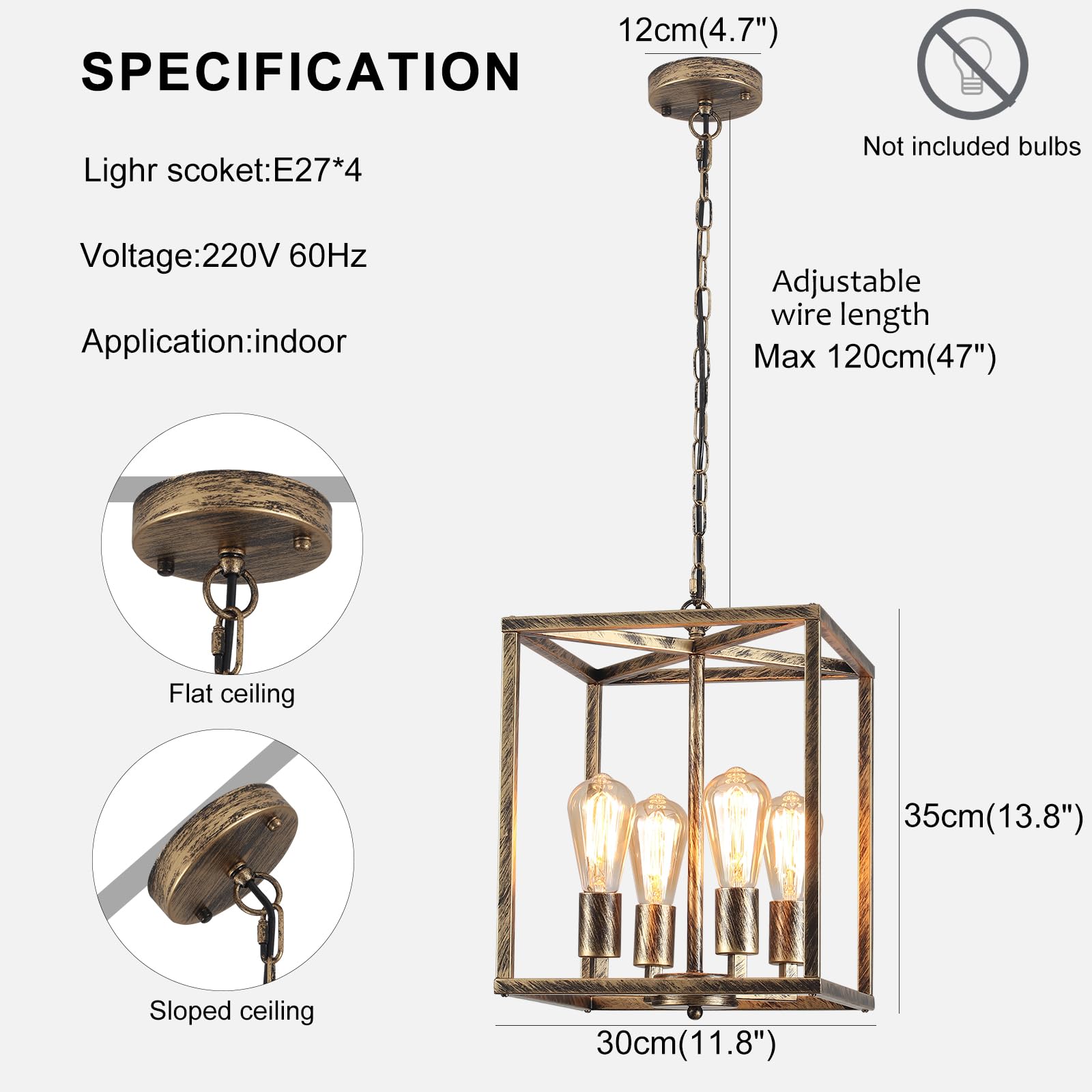 Qcyuui Lampadario Industrial a 4 Luci Lampadario A Sospensione Industriale In Metallo, Apparecchio Di Illuminazione a Sospensione Rustica Bronzo Per Fattoria Per Corridoio Isola Cucina Foyer