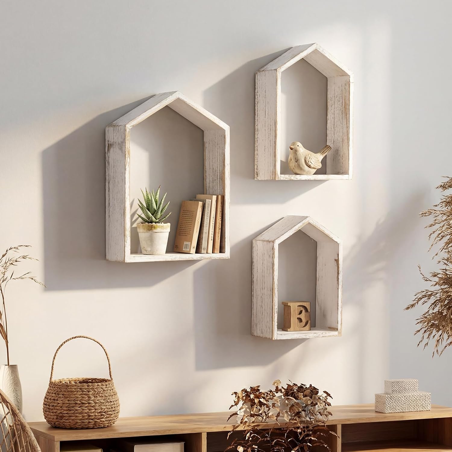 Threehoney 3 Set Wall Shelf 9.8 x 7.1 Inch Wooden Hanging Shelf Deep Display Storage Shelves Floating Shelves for Home Office Room Mini Figures Potted Plants Wall Decor (House,White)