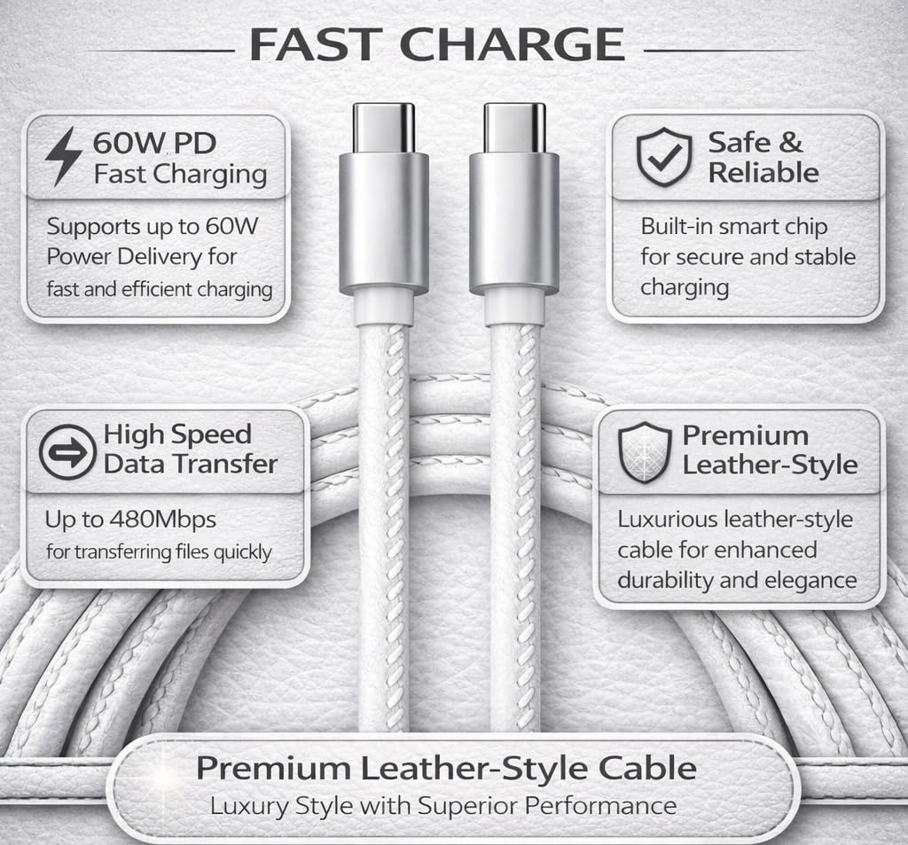 White PU Leather USB C to USB C Cable, Fast Charging Type C Phone Charger Cord with Silver Tips, 3.3 ft image 4