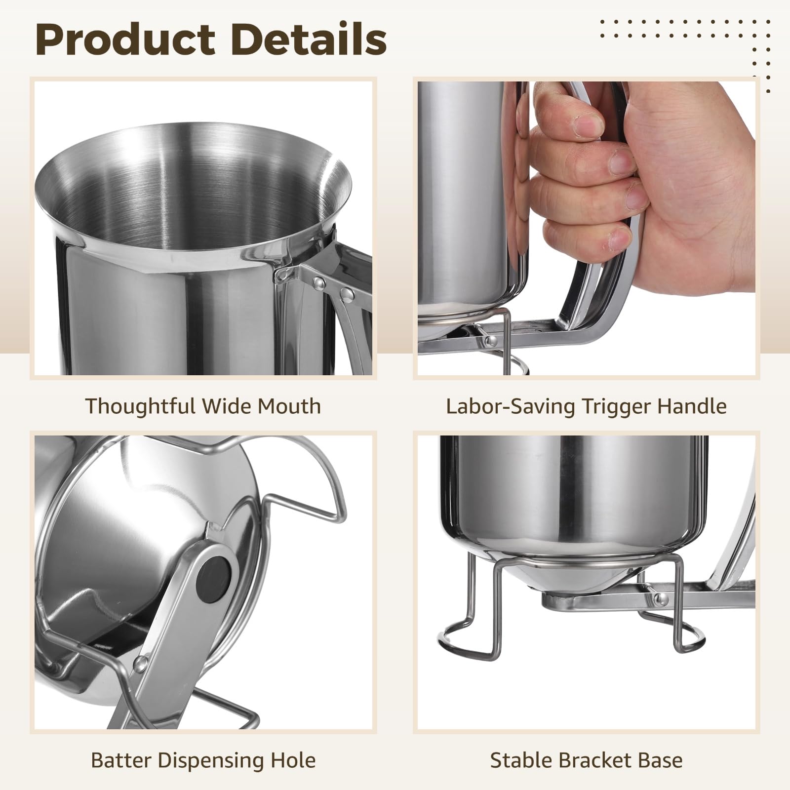 2 dispensadores de masa de acero inoxidable, recipiente dispensador de masa de panqueques de 27 onzas con asa, dispensador manual de mezcla de cupcakes para cocinar, hornear, hacer velas, cocina y uso 3