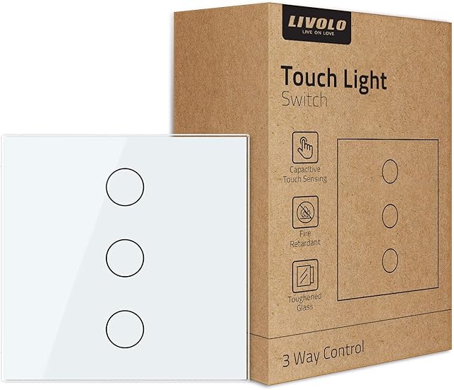 LIVOLO White Intermediate Switch Wall Touch Light Switch(No Neutral),Single Pole Bulb Wall Switch with LED Indicator,Scratch-Resistant Tempered Glass Panel,3 Gang 2 Way,VL-B603S-3WG