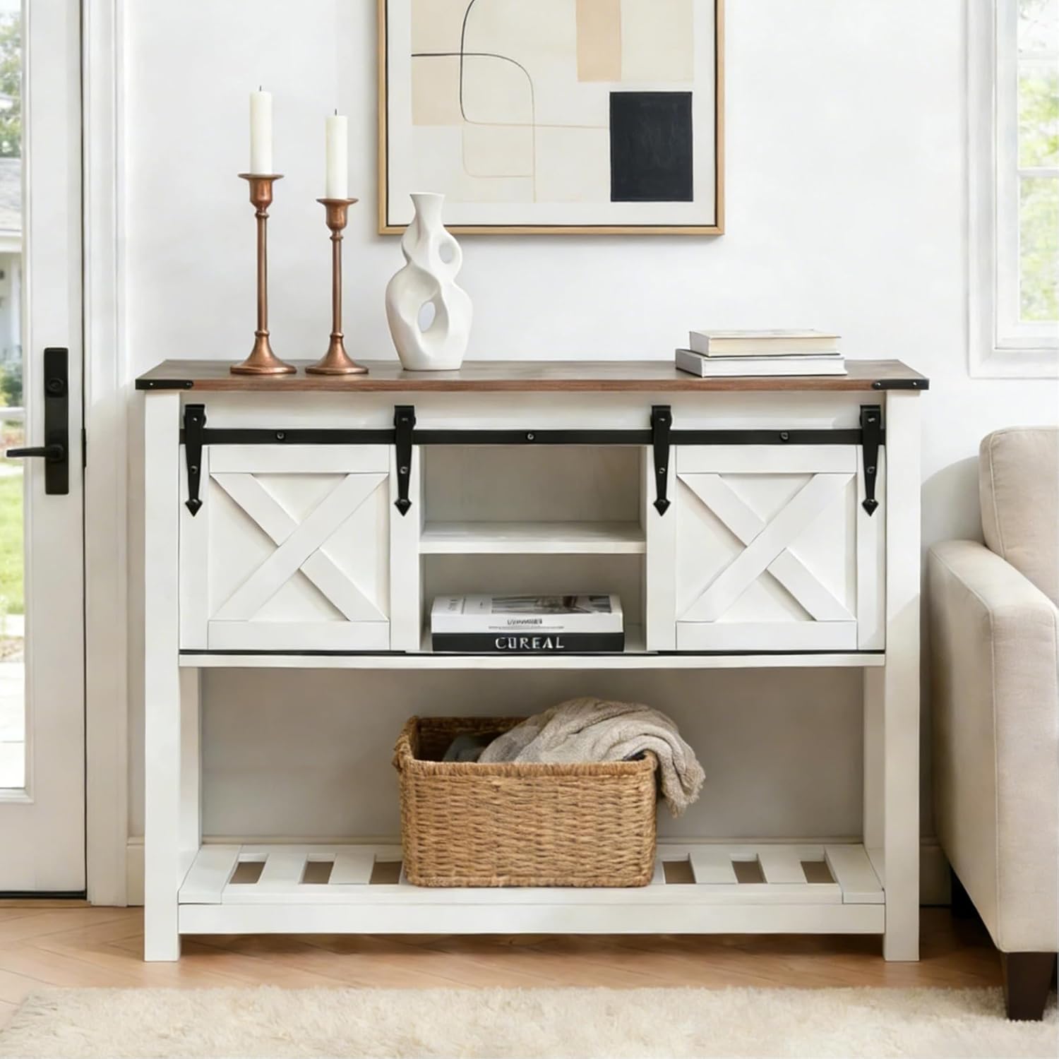 Entryway Table with Storage, Farmhouse Buffet Cabinet Coffee Bar Kitchen Island with Sliding Barn Doors & Shelves, Console Table for Kitchen, Dining Room, Living Room, White