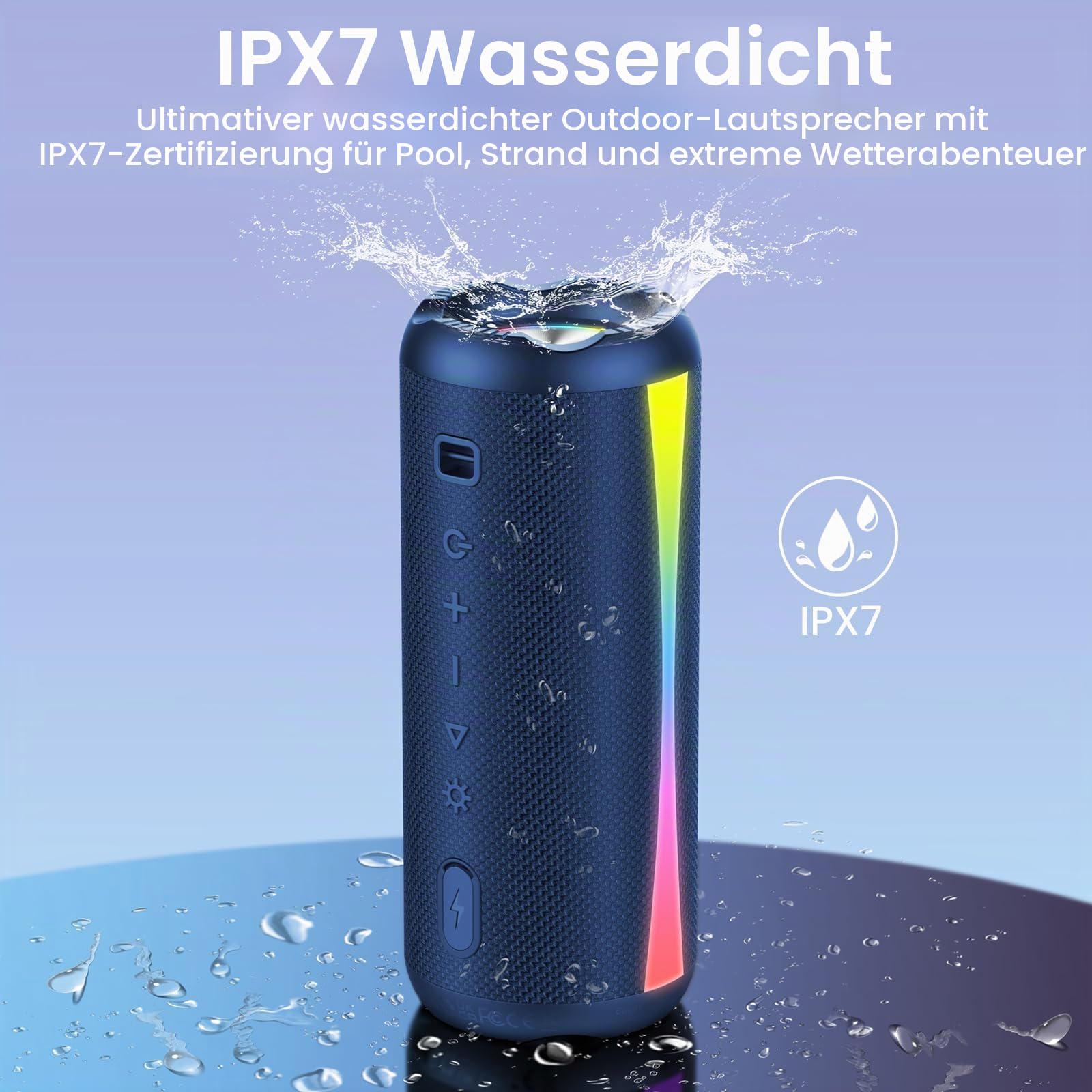 Bluetooth Lautsprecher mit Licht, Bluetooth 5.4 Musikbox, 30W Dual Lautsprecher, Dualen Bass-Treibern, 30 Std Akku, IPX7 wasserdicht, TWS Paarung