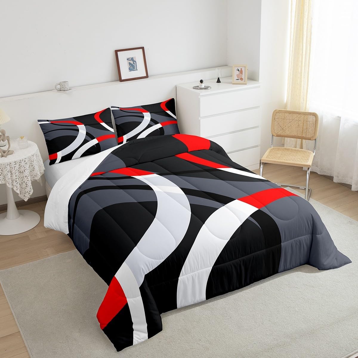 Geometric Circle Comforter Set Red Grey and Black Comforter for Kids Boys Girls Teens Geometrics Bedding Set Breathable Abstract Art Duvet Set Modern Luxury Room Decor Quilt Set Full Size