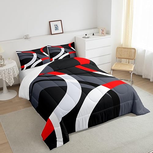 Miniatura 4 de Juego de edredón con círculos geométricos, color rojo, gris y negro, para niños, niñas, adolescentes, juego de ropa de cama geométrico,