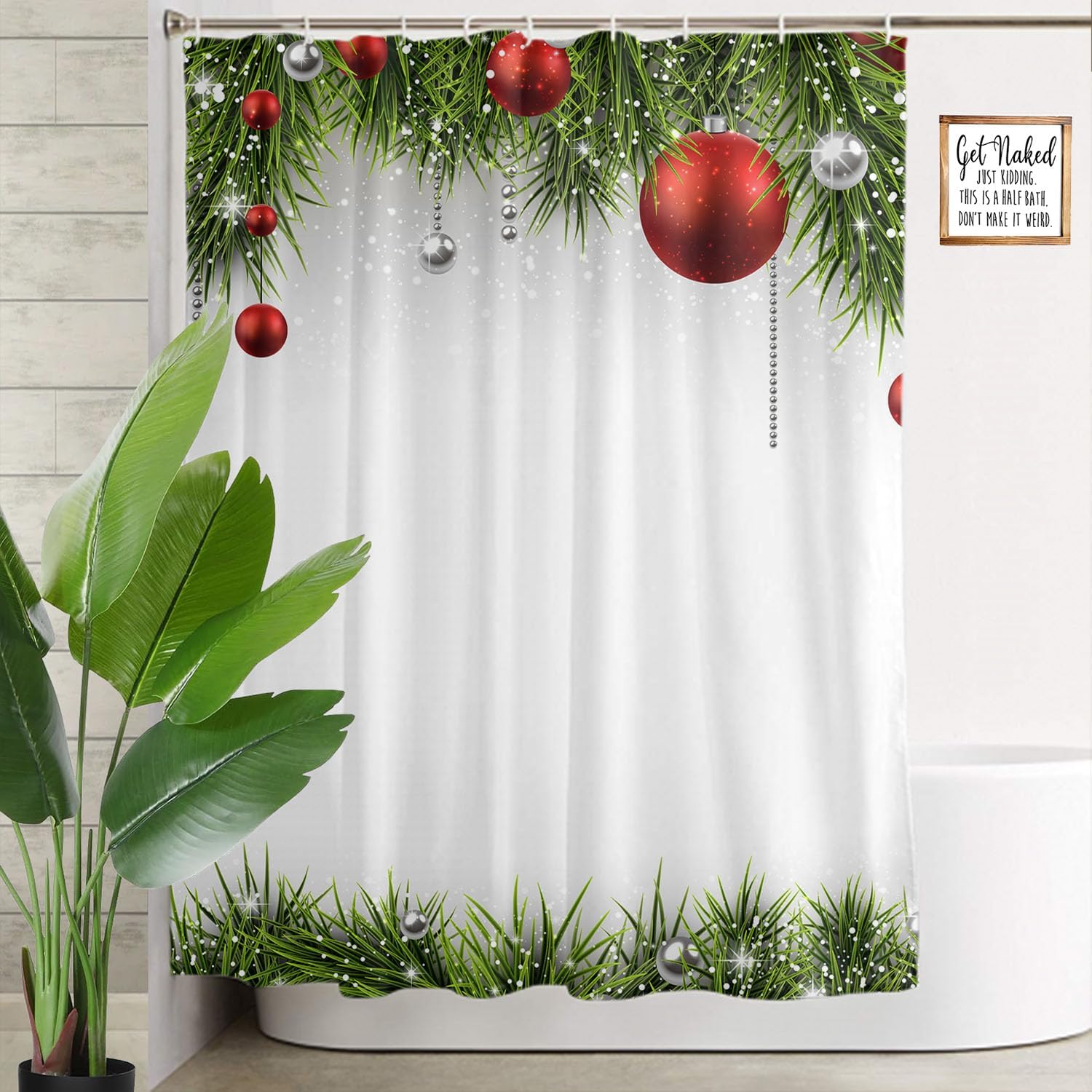 Christmas Shower Curtain Spruce Twigs and Red Baubles Balls Green Grass Bathroom Accessories Waterproof 72x72 Inch with Hooks