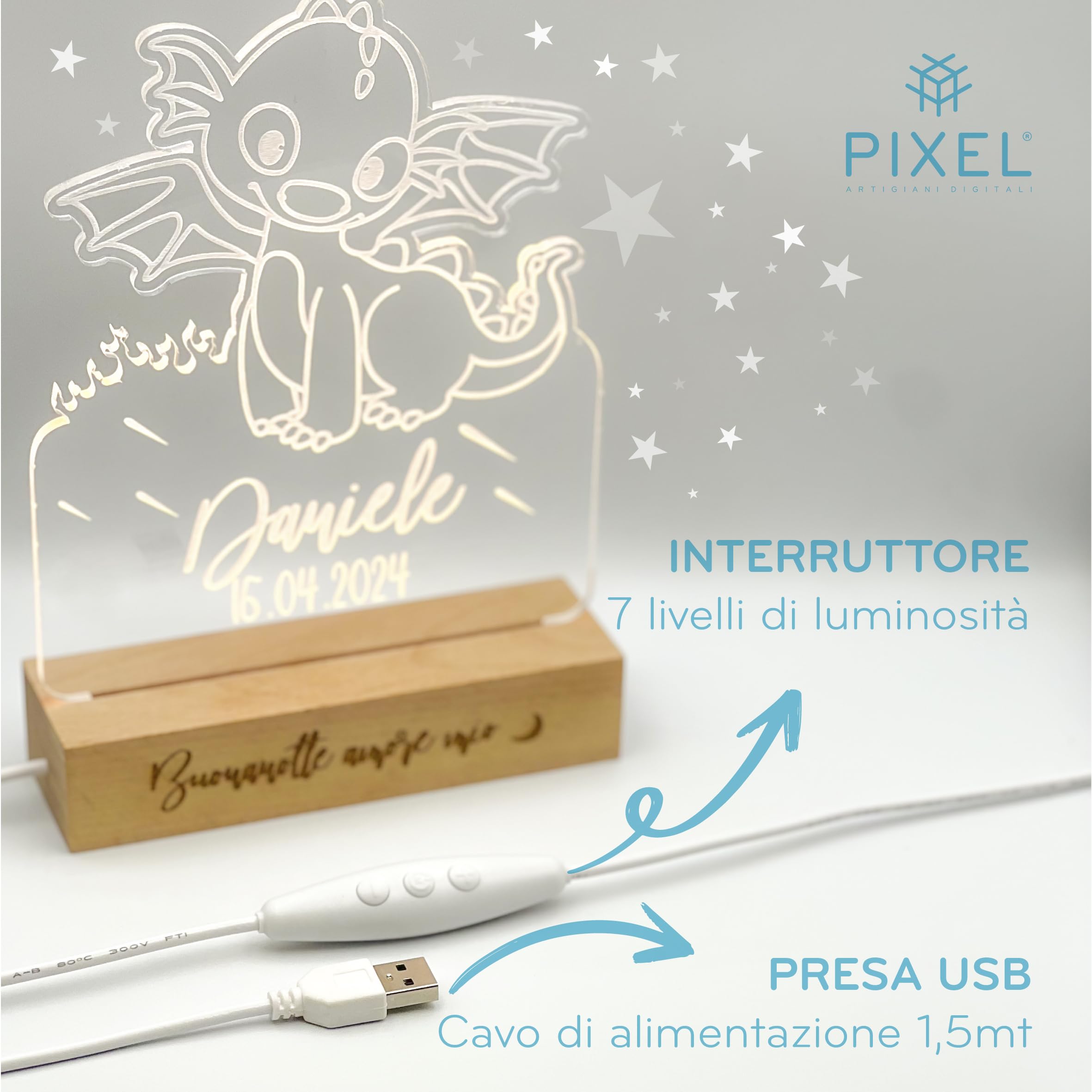 Lampada Notturna Personalizzata Con Nome Per Bambini - Design 3D, Luce Regolabile, Idea Regalo Nascita O Battesimo - Foto 7