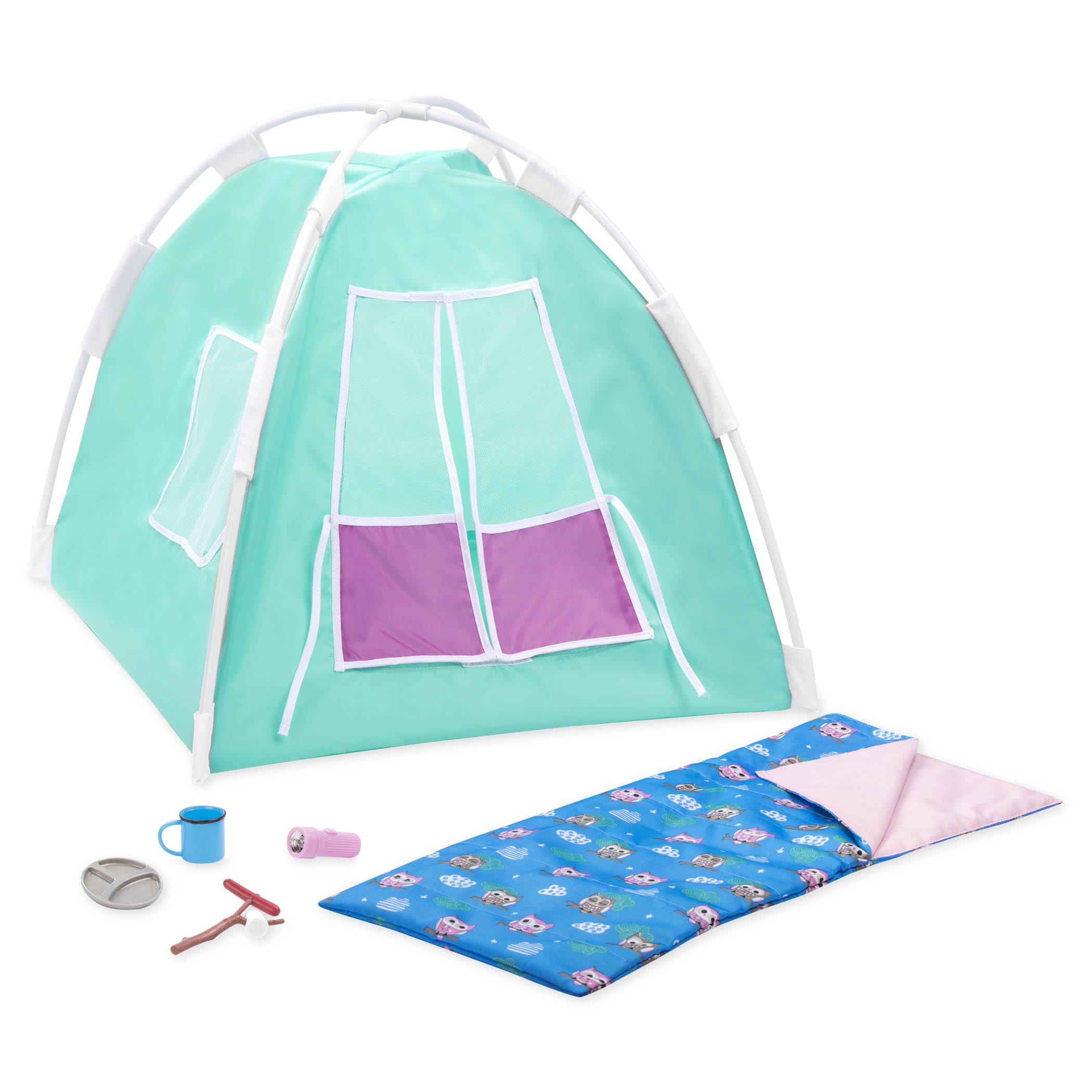 Our Generation Happy Camper Camping Set for 18"" Dolls � Outdoor Adventure Toy with Tent, Sleeping Bag, Campfire Accessories, Marshmallow Stick, Sausage, Camping Dish & Mug � (Doll Sold Separately)