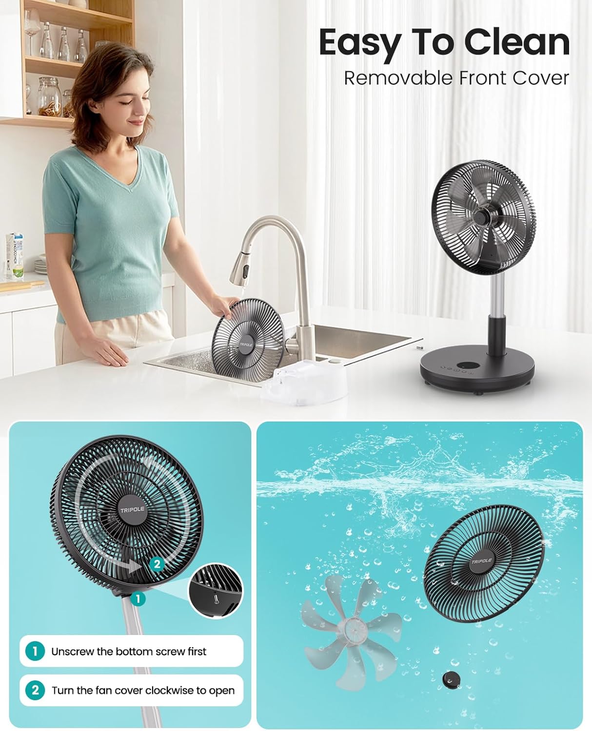 Instructions for cleaning the TriPole fan, showing how to unscrew the bottom and twist the front cover to remove it for washing.