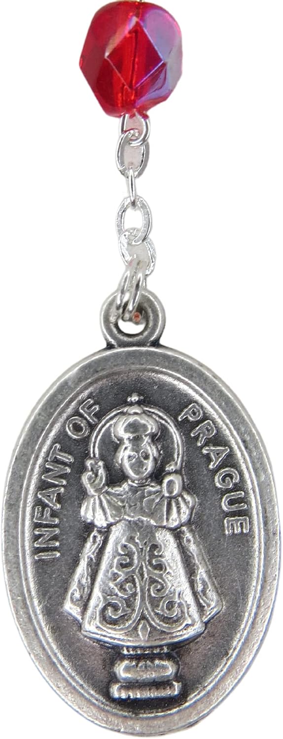 Needzo Pocket Prayers and Rosaries Jesus Of Prague Catholic Prayer Card and Rosary Gift Set, Chaplet with Red Crystal Beads and Silver Tone Medal, 5.75 Inches