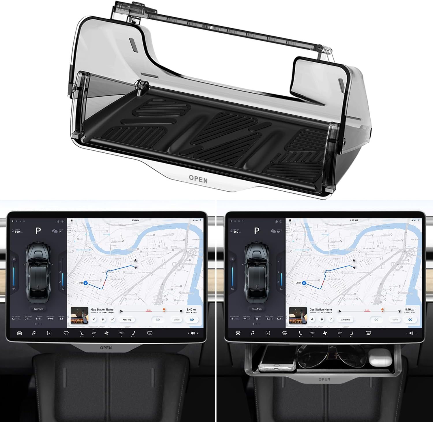 ANKEWAYModel Y Model 3 Hideable Under Screen Storage, Tesla Center Console Organizer Tray Privacy Protector with Black Anti-Slip Pad, Tesla Model Y Model 3 Accessories 2016-2024