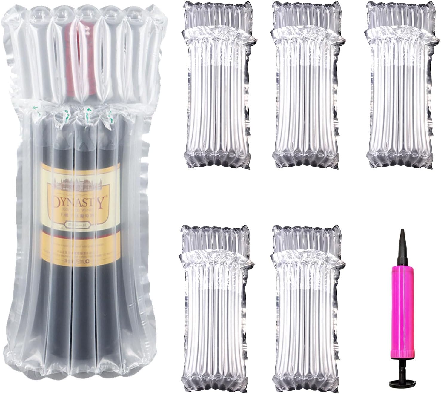 AYNKH Wine Bottle Protector, 6 Pack Reusable Wine Bottle Bubble Cushion with free pump, Inflatable Air Column Cushion Bubble Wrap Bag, for Safe Travel Airplane Suitcase Luggage