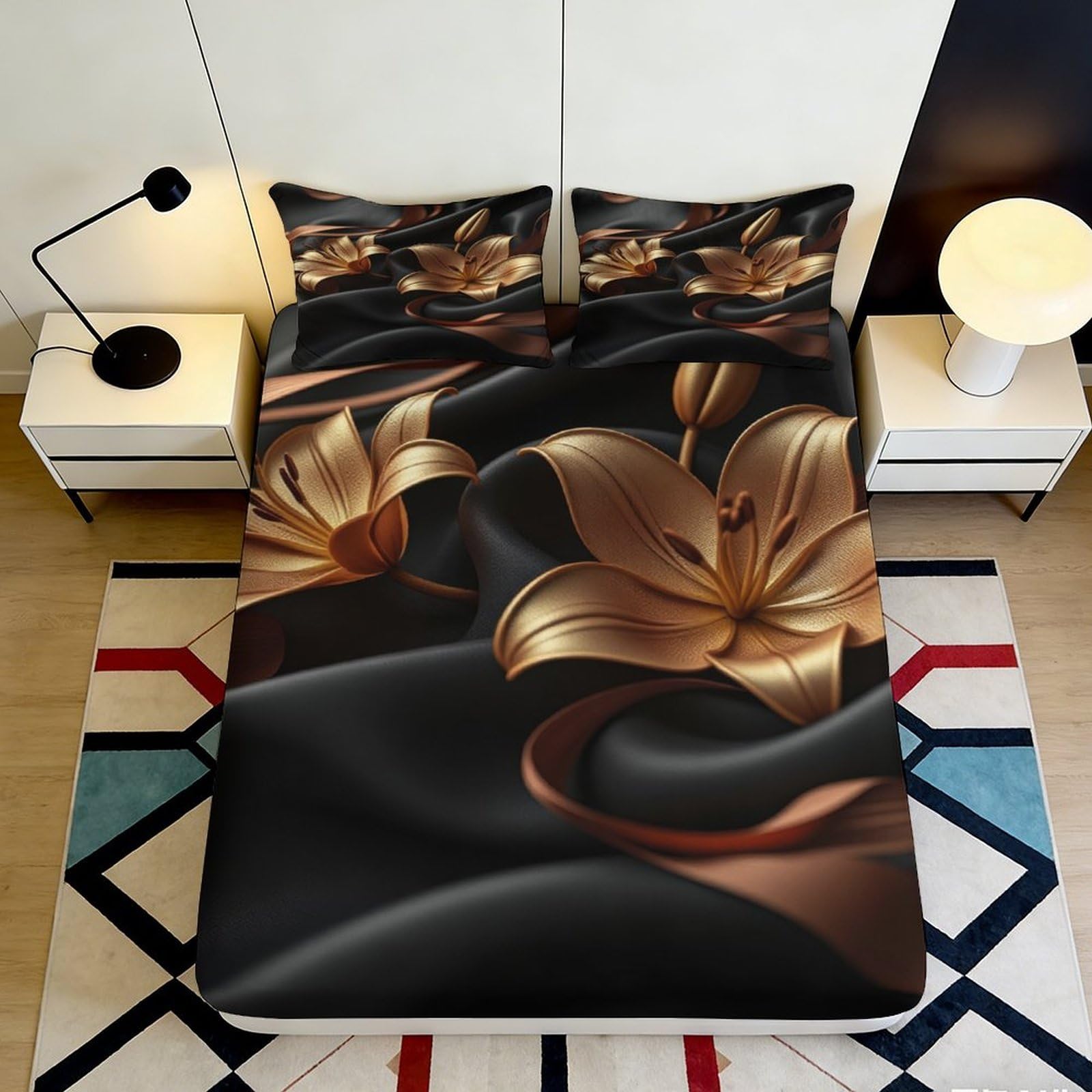 Uynsixtme Style-6 3D Printed Golden Lily Fitted Sheet Microfiber Deep Pocket Full Wrap Bedroom Bedding Golden Flower Mattress Fitted Cover Washable Non-Slip 140X200x25cm