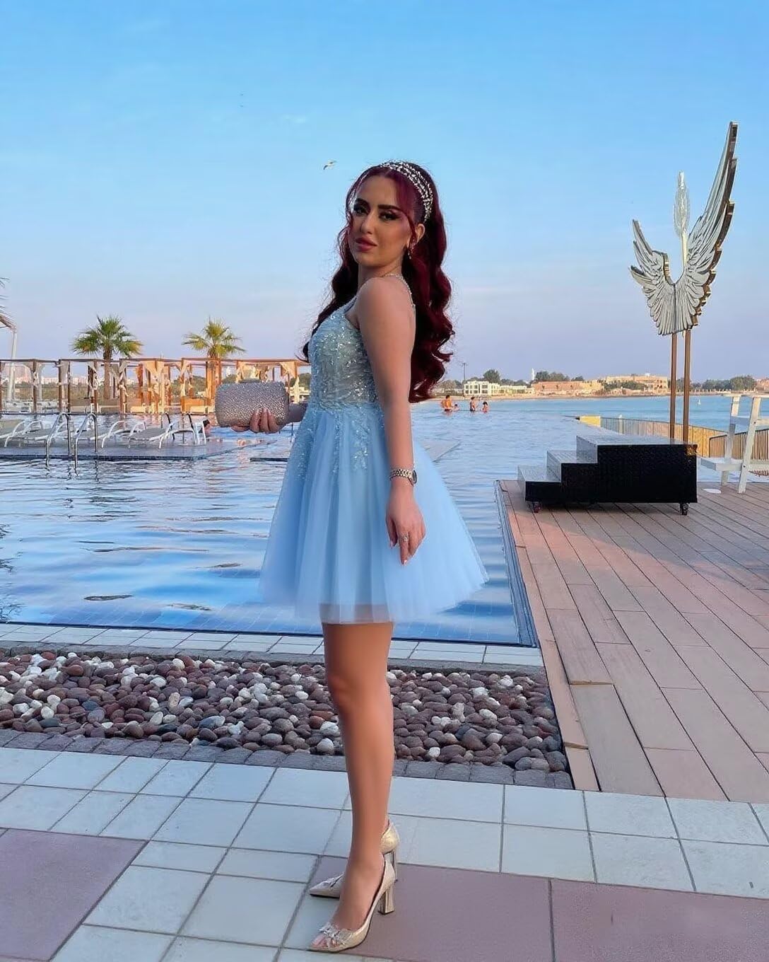 MYDRESS Beaded Tulle Homecoming Dresses 2026 Asymmetrical Neck One Shoulder A Line Short Prom Dresses with Pockets