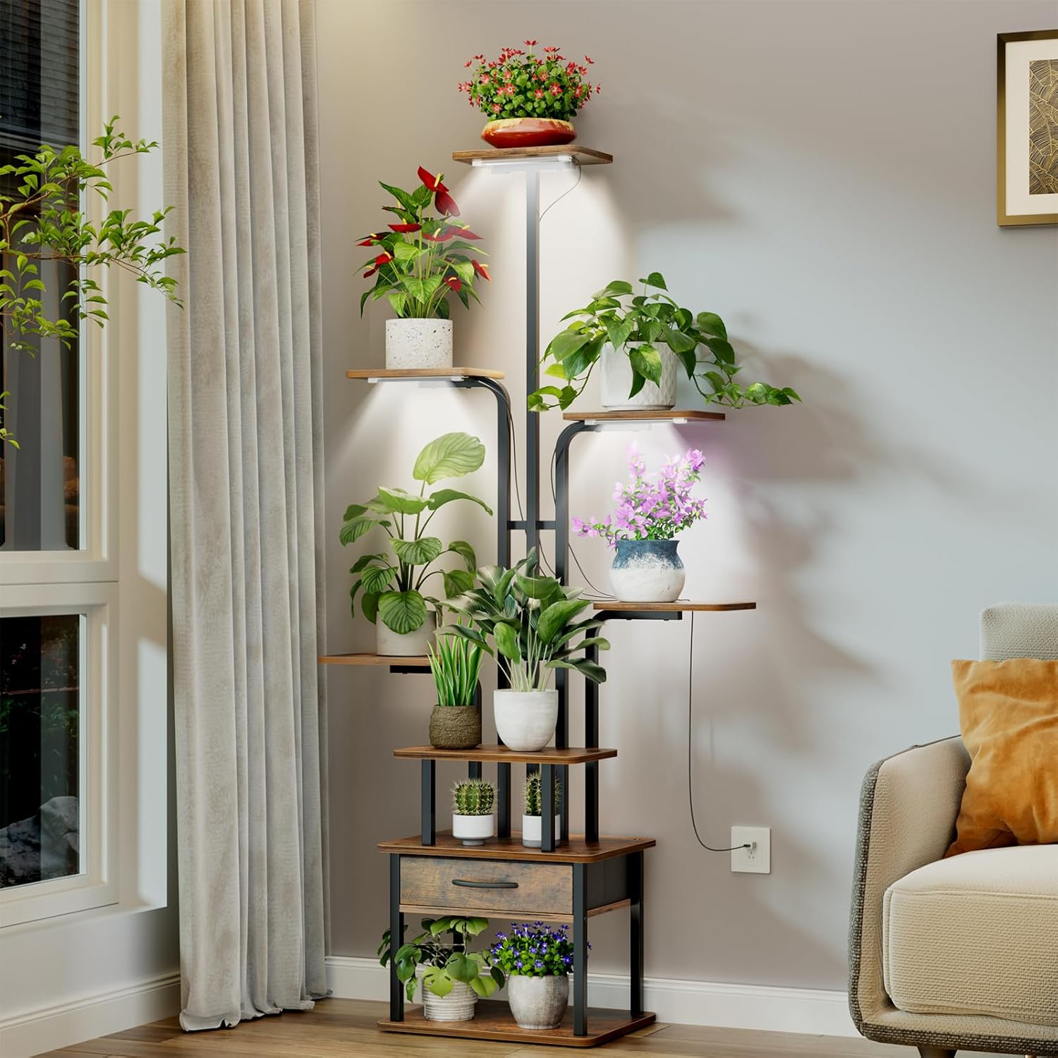 8-Tier Tall Plant Stand with Grow Lights, Indoor Multi-Tiered Metal Plant Shelf with Large Storage Drawer, Heavy Duty Flower Pot Stand for Living Room, Bedroom, Balcony, Rustic Brown