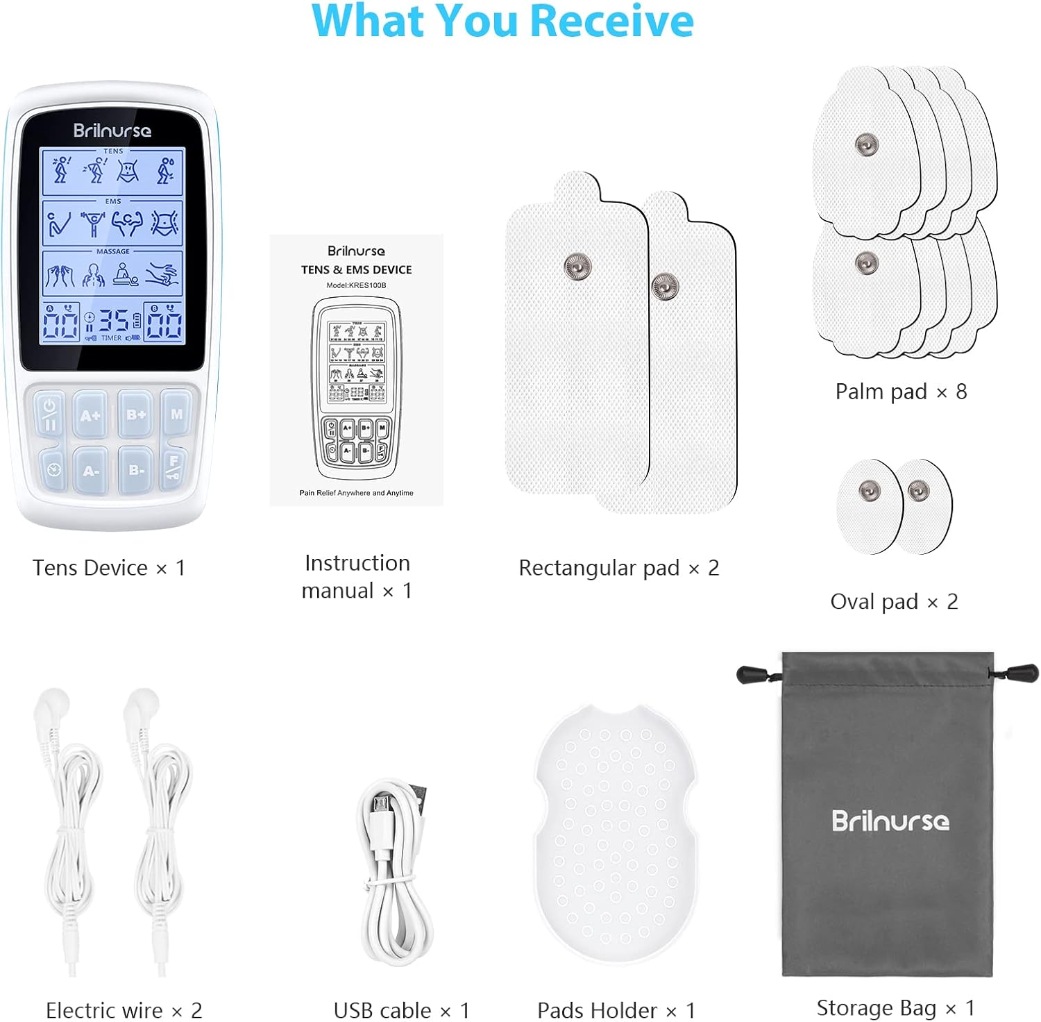 Contents of the Brilnurse TENS EMS Massage Unit package, including the device, various pads, wires, USB cable, pad holder, pouch, and manual.
