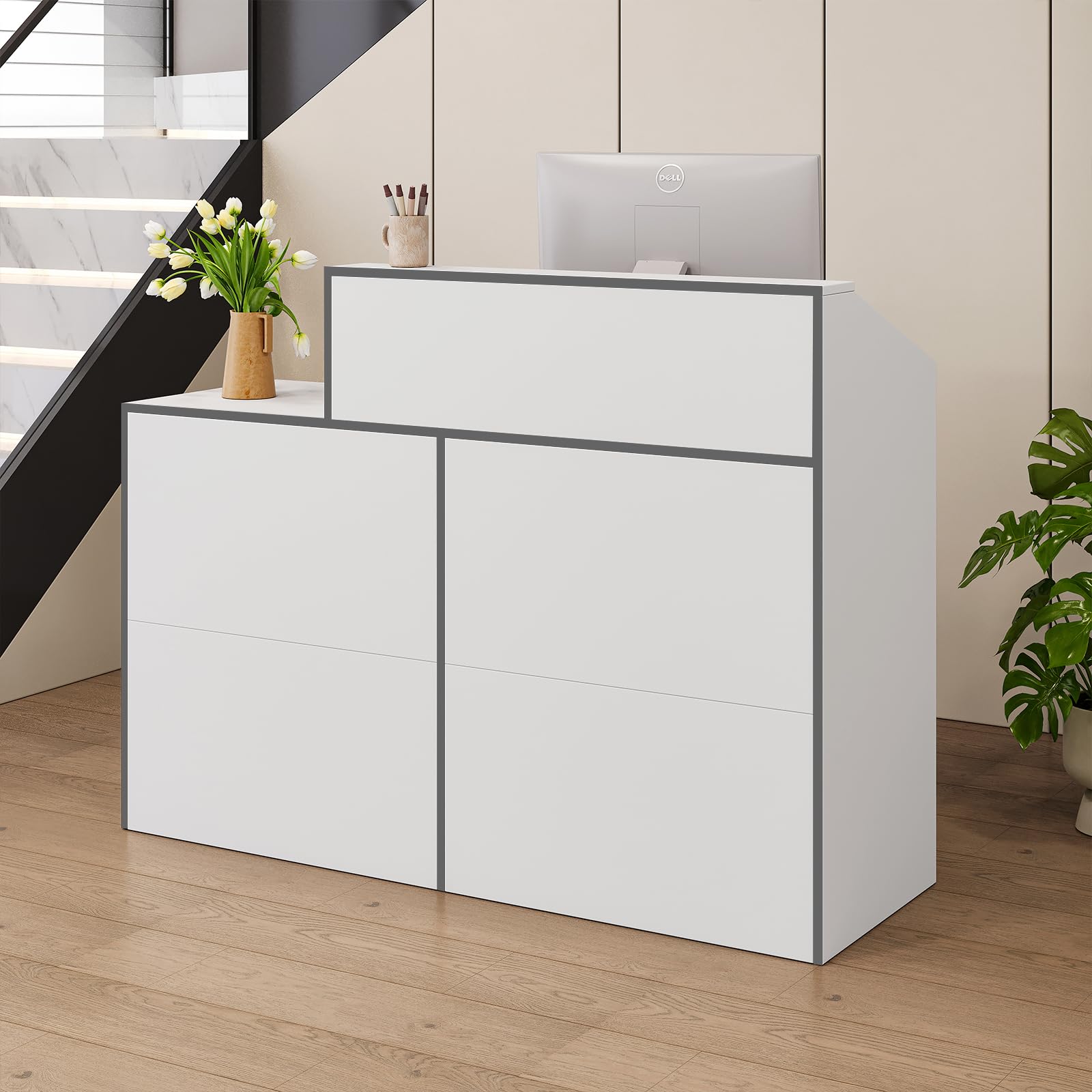 Mostrador de recepción blanco 133 x 45 x 100 cm, mostrador de recepción, mesa de recepción con gran superficie de trabajo, mostrador de oficina, mostrador de efectivo, mesa de recepción, simplicidad