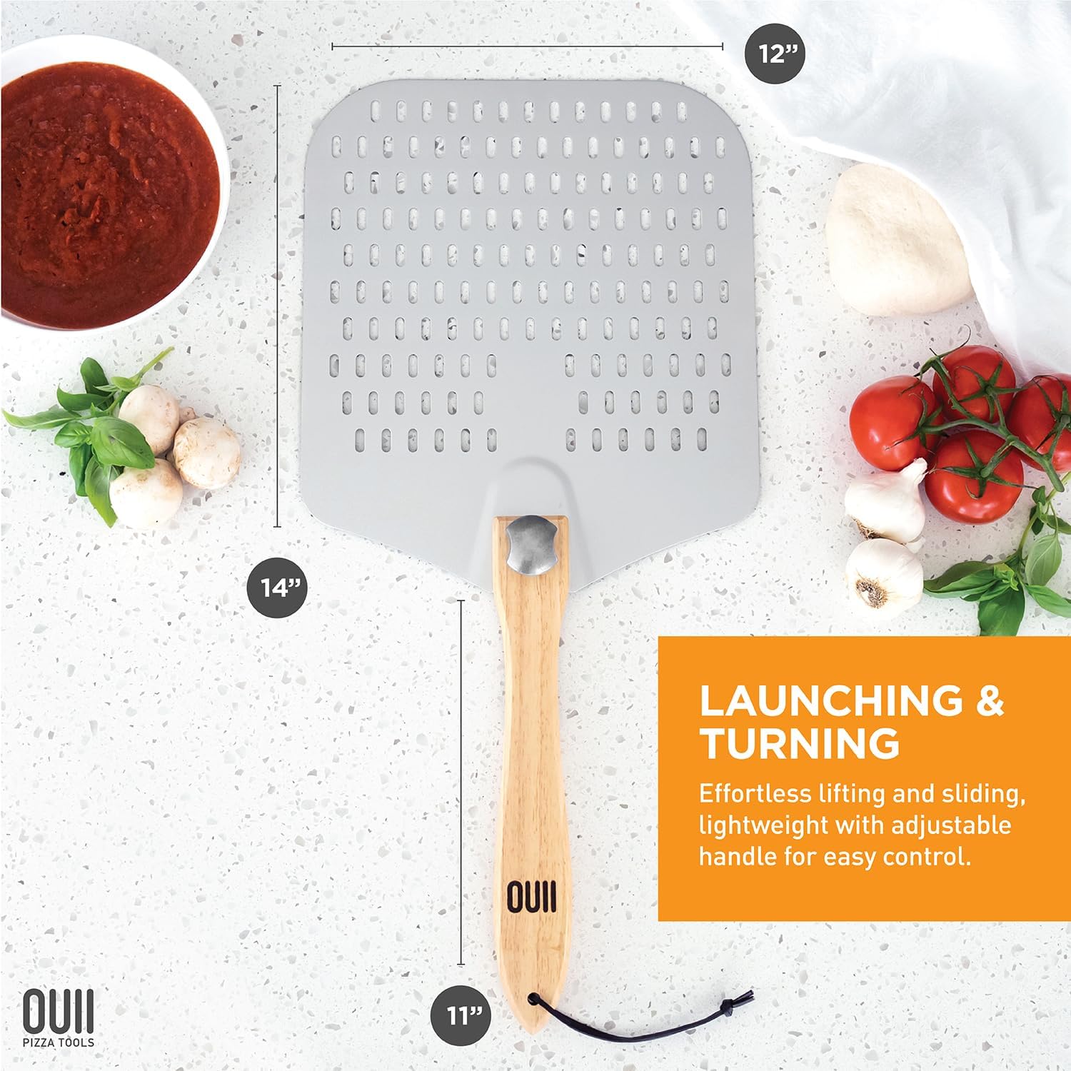 Perforated Pizza Peel 12 x 14 Inch. Paddle Spatula with Foldable Handle - Pizza Cutter Rocker 14'' Blade. Pizza Stone Oven Accessories and Chopper Knife Tools