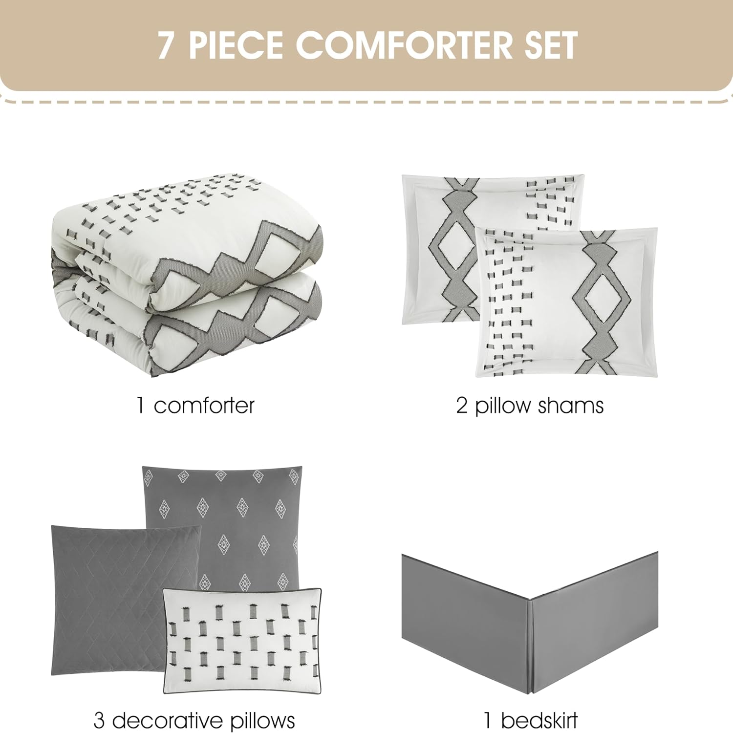 Stratford Park 7 Piece White Grey Comforter Set, King Size Clipped Bedding Set, All Season Geometric Bedding, Matching Pillows, Shams, Bed Skirt