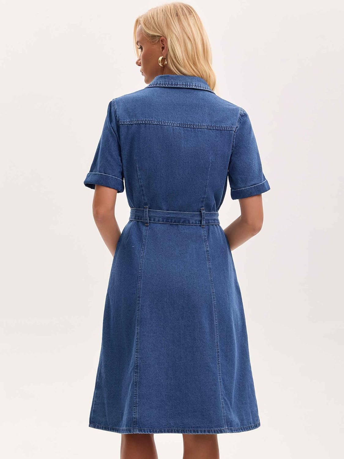 Women's Denim Dress Button Down Short Sleeve Belted Casual Jean Shirt Dresses - Image 4
