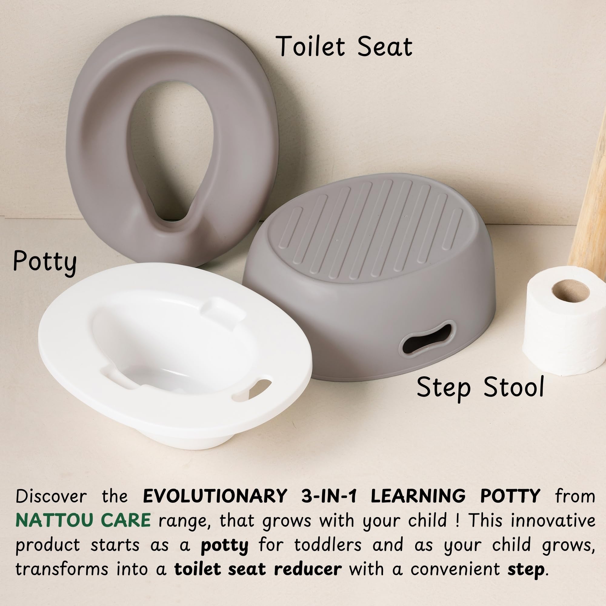 Nattou Babytopf 3in1, Töpfchen + Hocker + Toilettensitz für Kinder, Einfaches Toilettentraining, Ca. 34 cm, Ab ca. 18 Monate bis ca. 4 Jahre, Care, ABS/EVA, Taupe