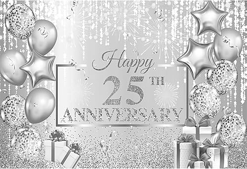 dnldliq 8x6ft Happy 25th Anniversary Backdrop Silver Dripping Glitter Crystals P
