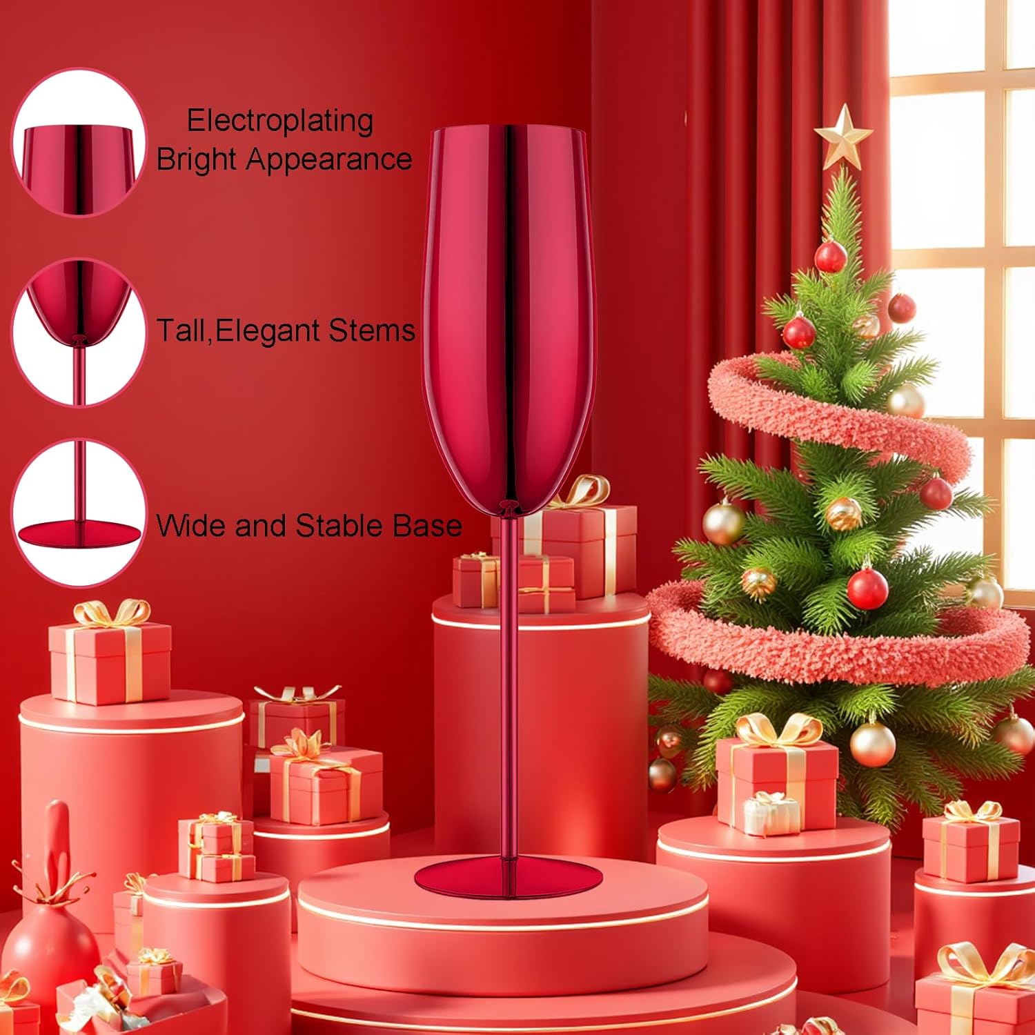 Stainless Steel Champagne Flutes Set of 4-Wedding &Birthday Gifts,8.5 Oz Unbreakable Champagne Glass with Long Stem,Reusable Indoor Outdoor Drinkware (Red)