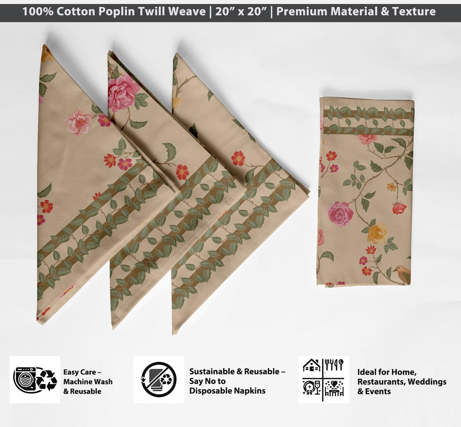 Luxury Cotton Twill Napkins - Set of 12, 20-Inch Floral Pattern, Premium Thick Cloth Napkins for Elegant Dining & Special Occasions - Soft, Absorbent & Machine Washable