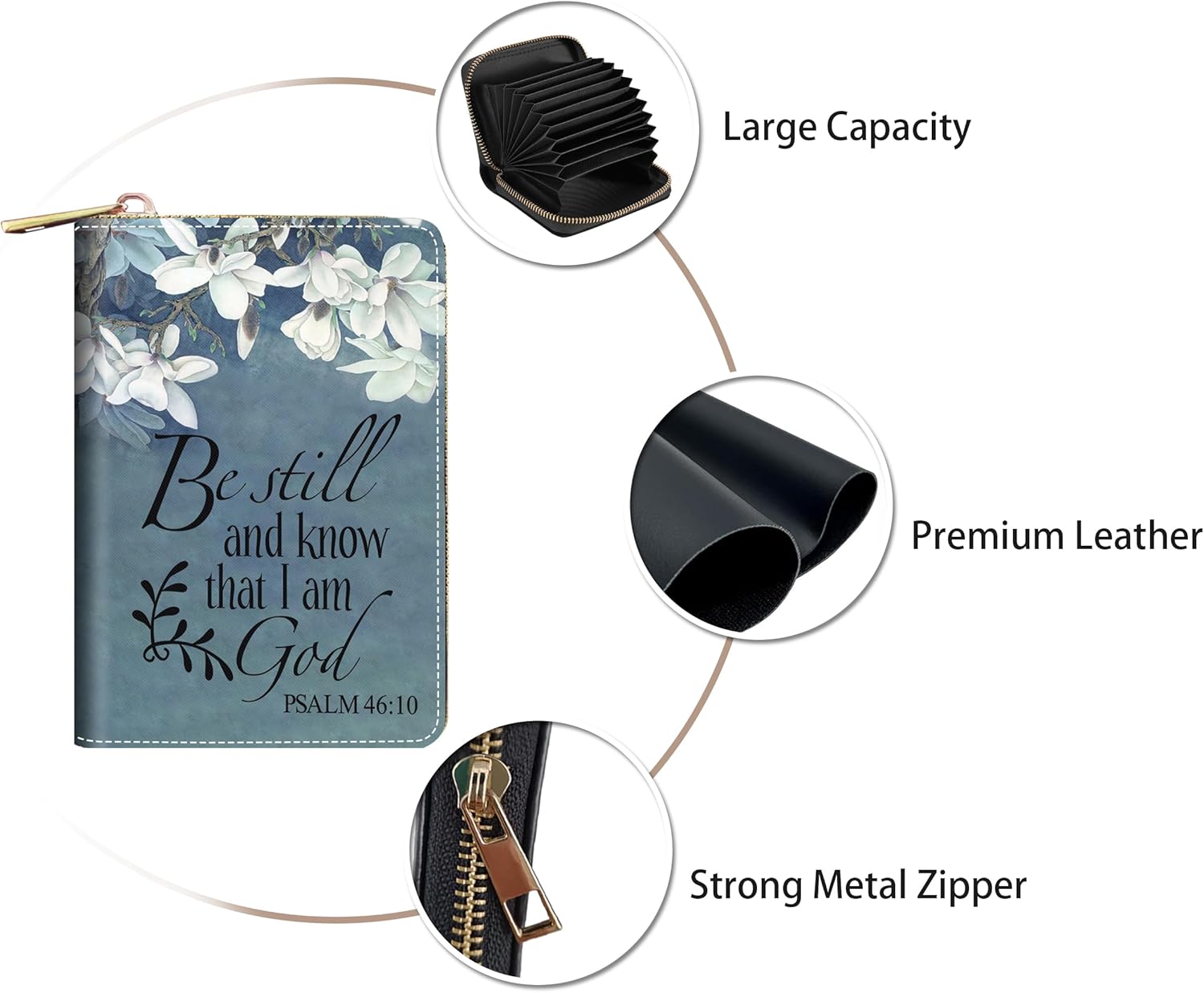 Credit Card Holder Wallets for Women, RFID Blocking Small Leather Card Case Wallet with Zipper Accordion Wallets, Floral Quote Bible Verse Psalm 46:10 - Image 3