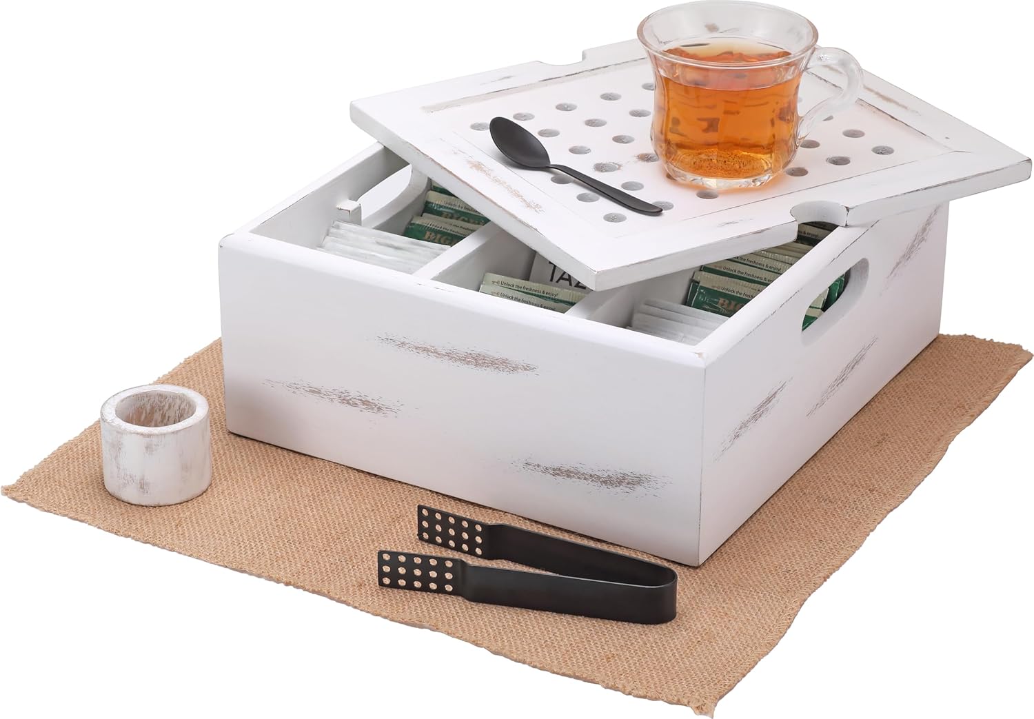 Wooden Tea Bag Organizer | Farmhouse Finish | 9-Compartment Storage | Countertop | Accessories: Tea Bag Squeezer, Natural Jute Placemat, Tea Spoon, Wooden Napkin Ring