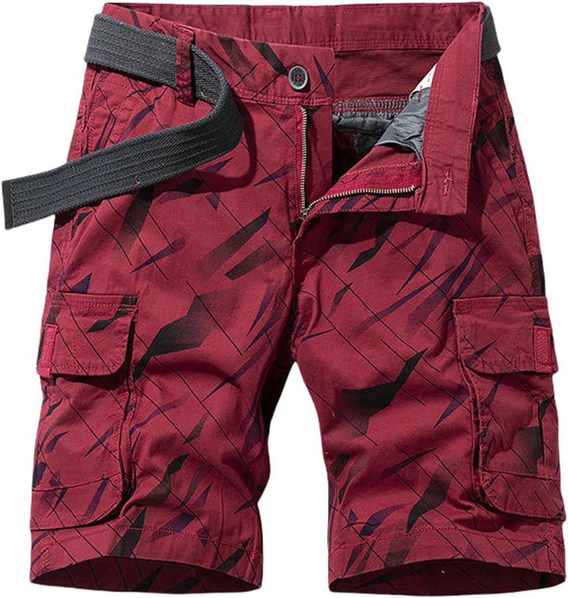 Men's Elastic Printed Workwear Multi-Pocket Cotton Thin Five-Pocket Elastic Waist Buckle Webbing Casual Shorts