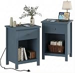 ChooChoo Farmhouse Nightstand with Charging Station, Wooden Top Bedside End Table with Drawer and Storage Space for Bedroom, White