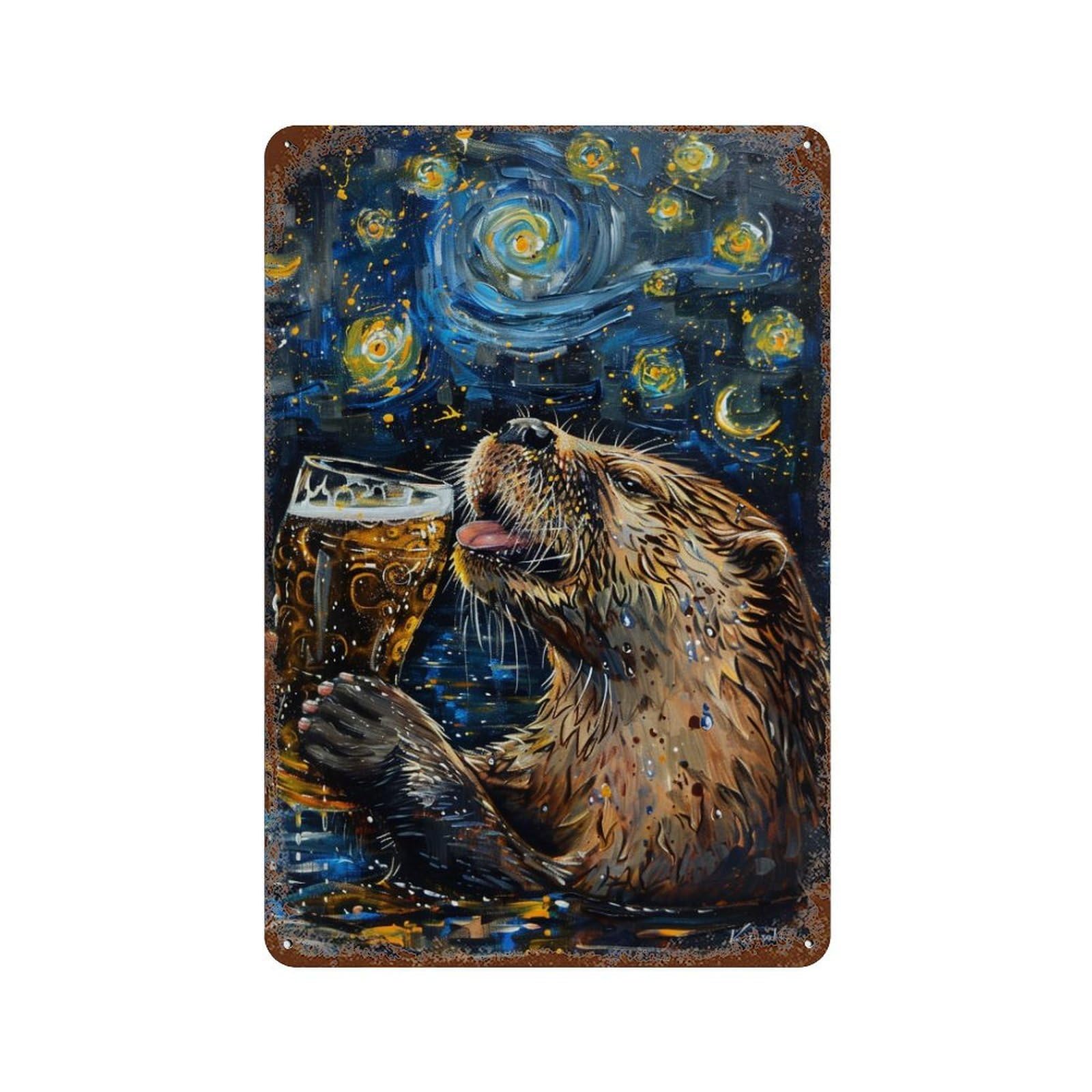 Otter Drinking Beer Painting Rust Effect Tin Sign 11.8"x7.9", for Farmhouse, Kitchen And Entryway Decor, Decorative Metal Wall Art