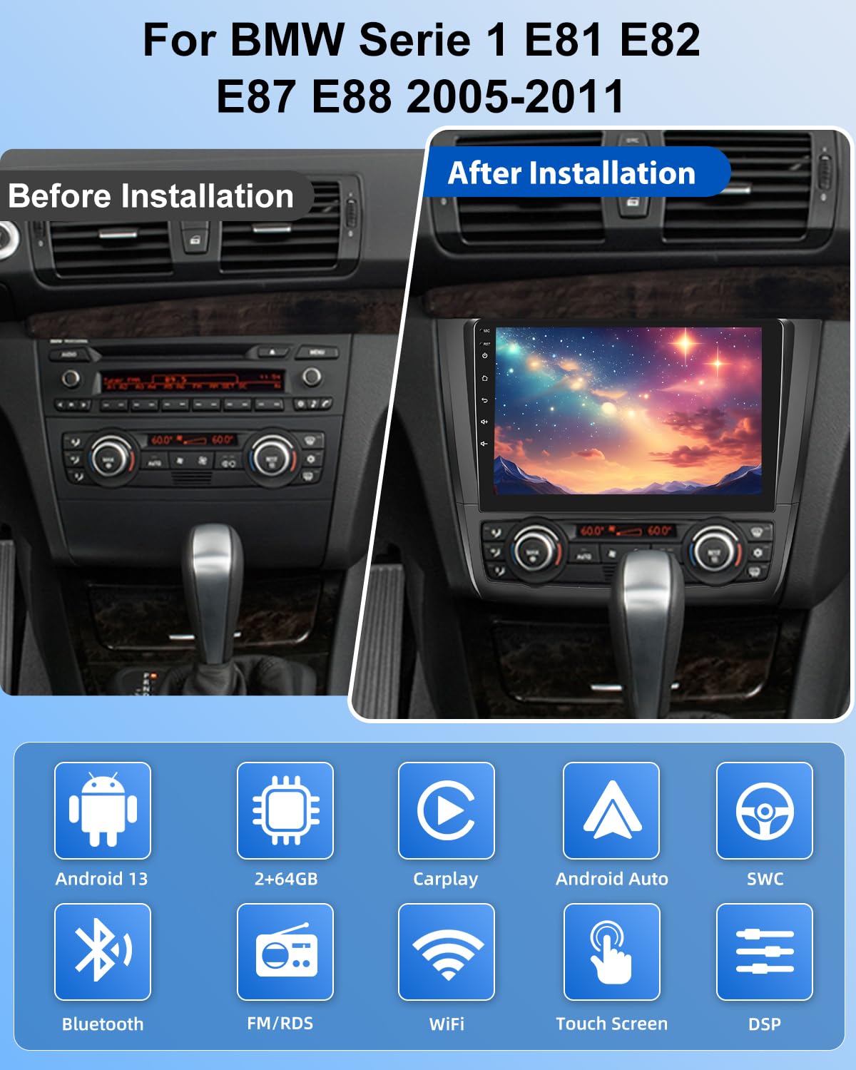 NHOPEEW Autoradio Android 13 9 Pouces BMW Série 1 E81 E82 E87 E88 2005-2011 – CarPlay & Android Auto Sans Fil, GPS, Volant + Caméra De Recul Offerte