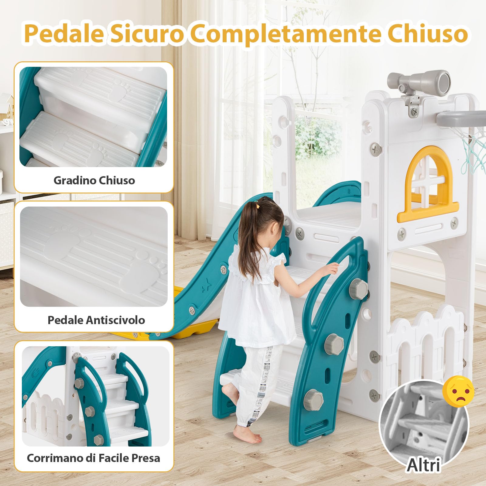 COSTWAY 6 in 1 Scivolo per Bambini, Set da Gioco a Forma di L con Canestro da Basket e Telescopio, Spazio di Archiviazione, Scivolo da Interno ed Esterno per 1 Anni+ (Giallo)