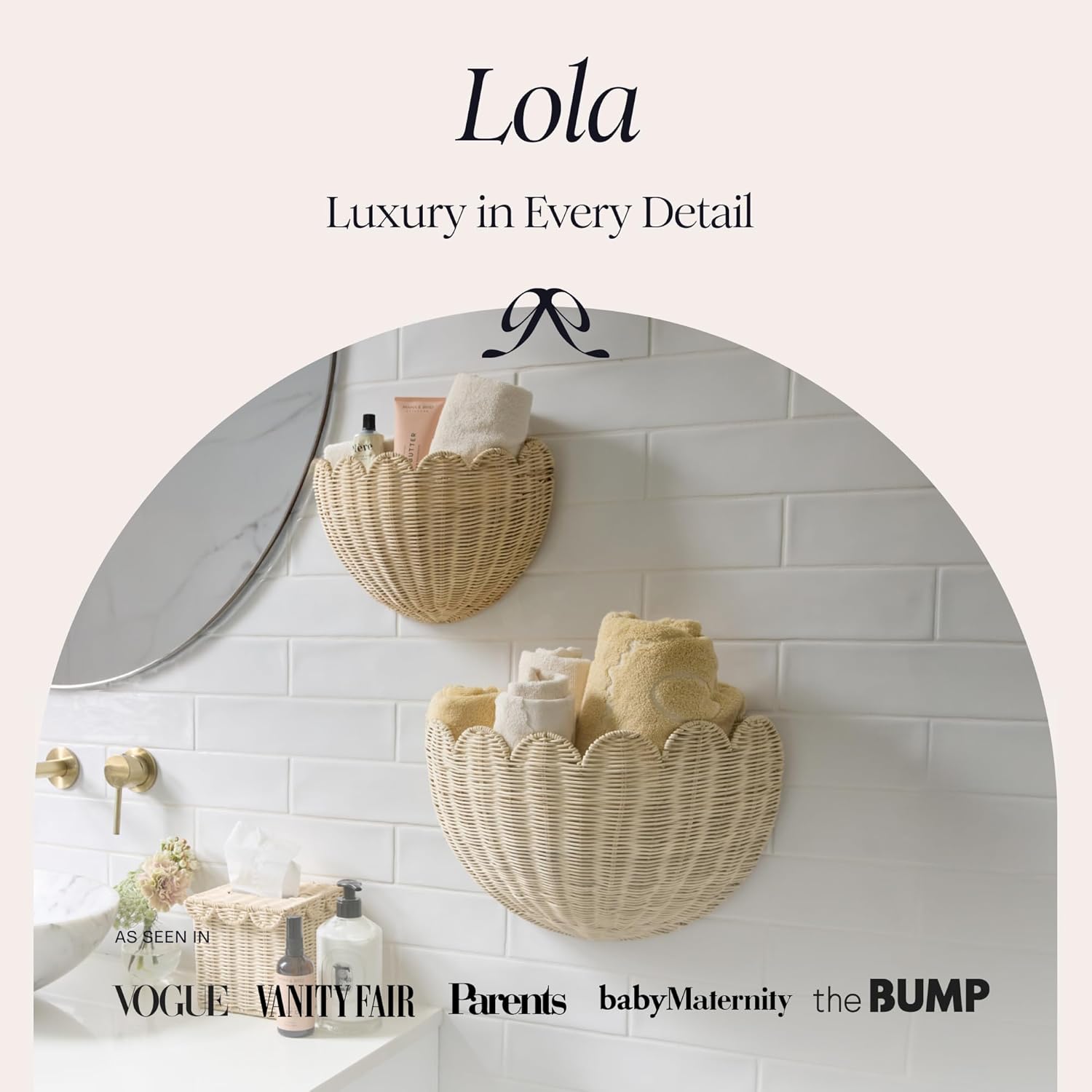 BEBE BASK The Original Scalloped Wicker Wall Basket – Set of 2 – Handwoven Scalloped Wall Baskets (16 x 10 x 7 in), Woven Rattan Wall Hanging Baskets - Natural Scalloped Basket
