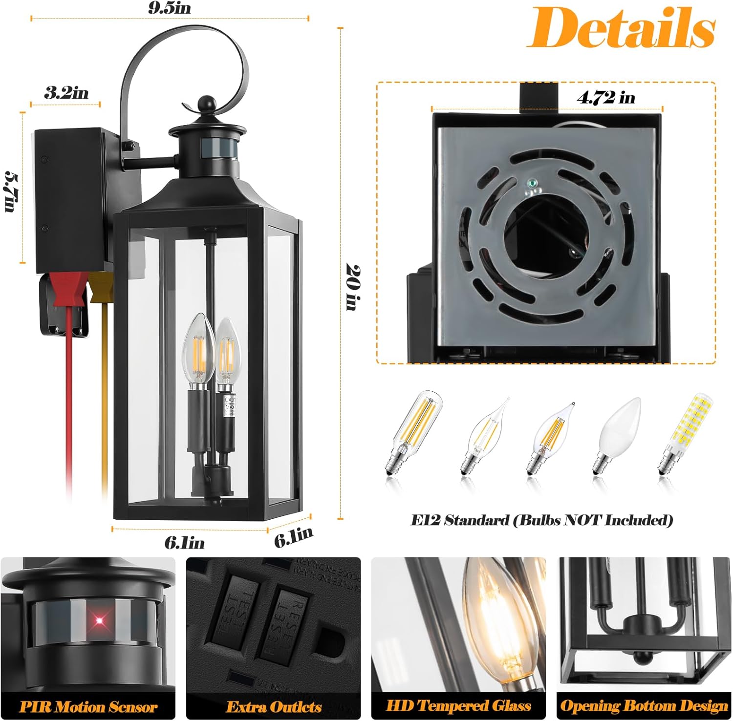 20" Black Motion Sensor Outdoor Lights with GFCI Outlet, Dusk to Dawn Exterior Lighting Fixtures, Porch Lights with GFCI Outlet Built-in, Waterproof Outdoor Wall Sconce for House Front Door Patio