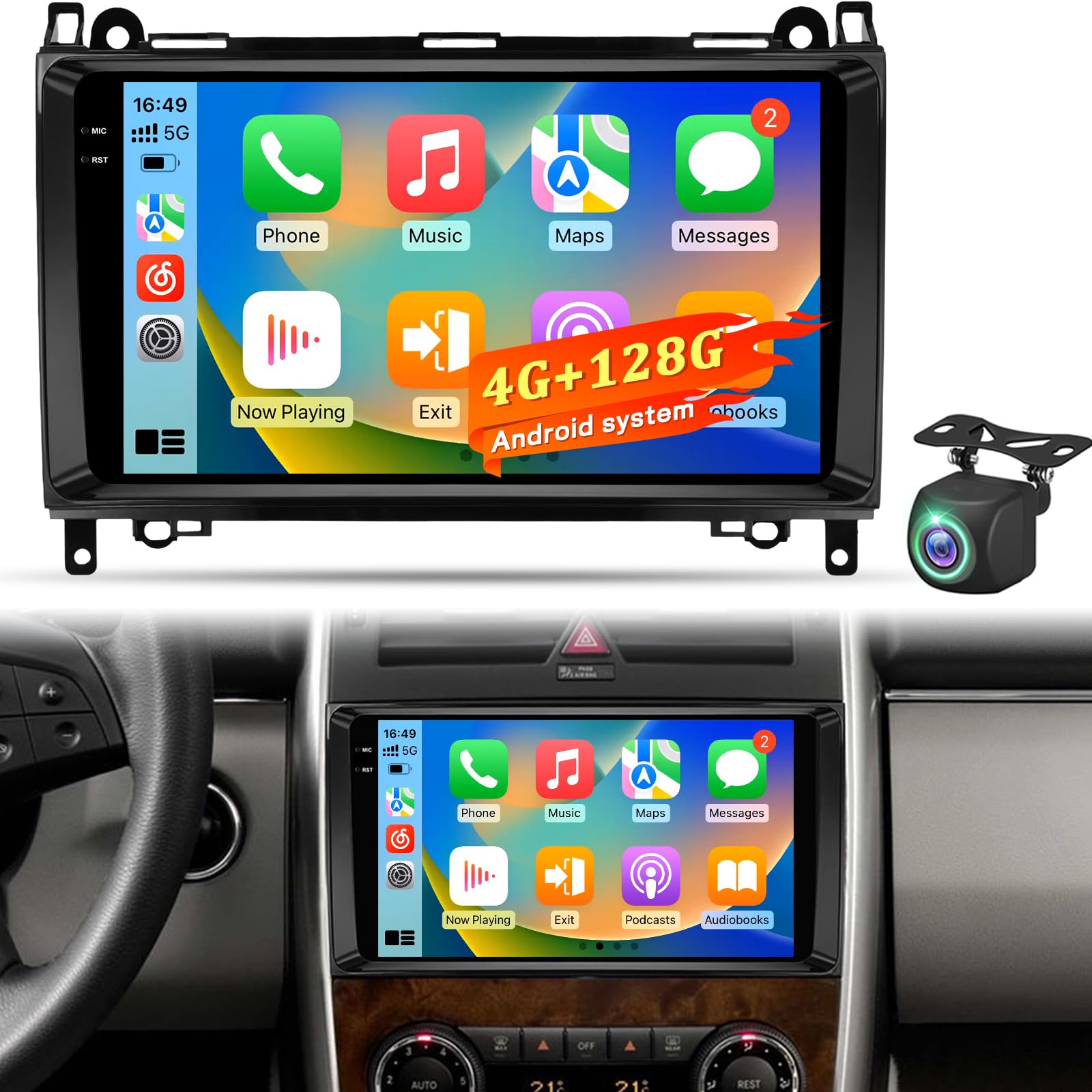 4+128GB Autoradio Android per Mercedes Benz Classe A/B/V & Sprinter Vito Viano, CarPlay Android Auto wireless, Navigazione GPS WiFi Bluetooth USB Touchscreen Radio + Telecamera Posteriore