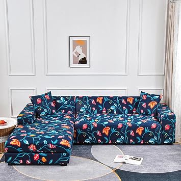 Stretch Sofa Slipcover 2 Pieces L-Shaped Sectional Couch Cover for Living Room Jacquard Fabric Chaise Lounge Slipcover with Elastic Bottom 2 + 2 Seat
