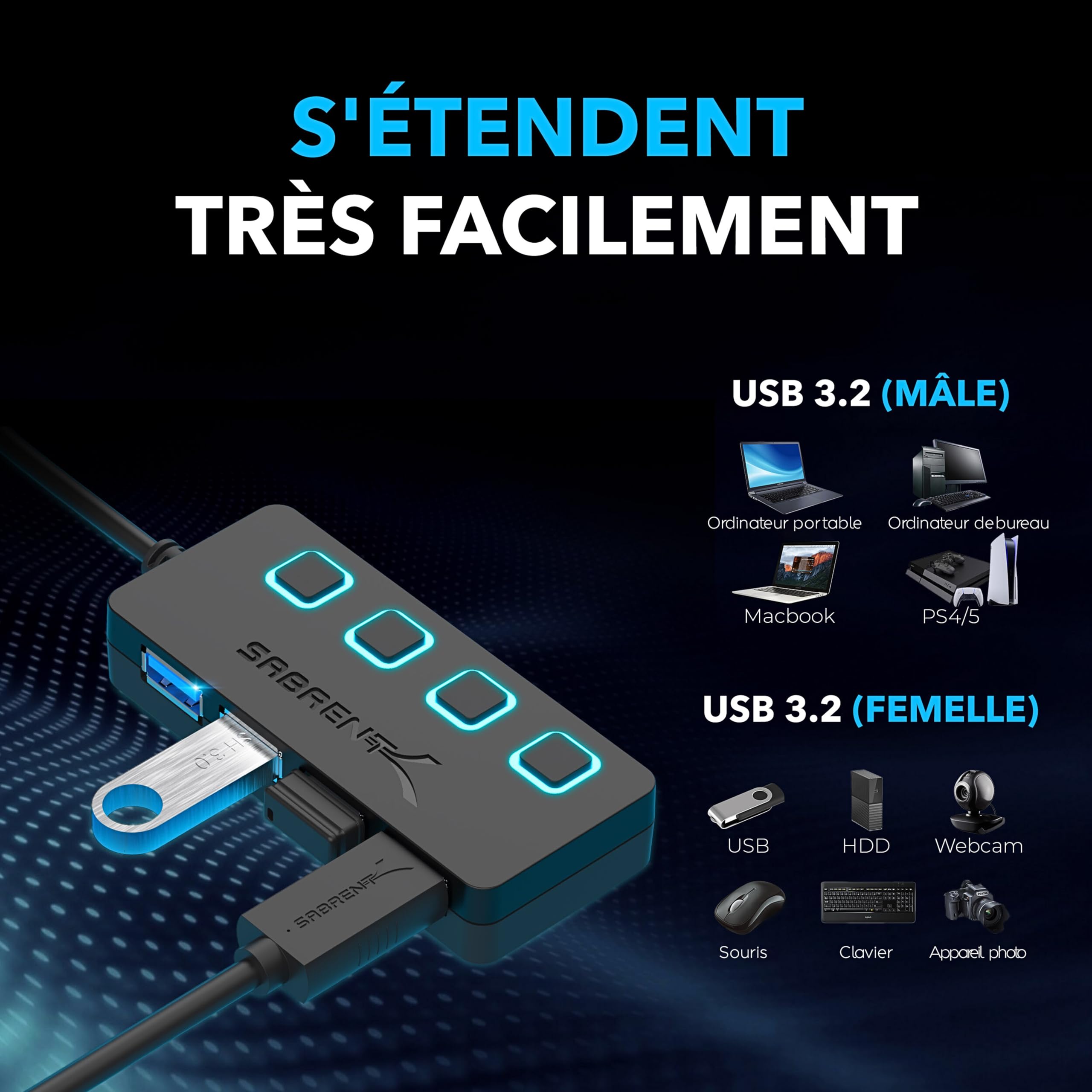 SABRENT Hub USB 3.0 Alimenté 4 Ports 5 Gbps avec Commutateurs et Voyants Individuels HB-UMP3