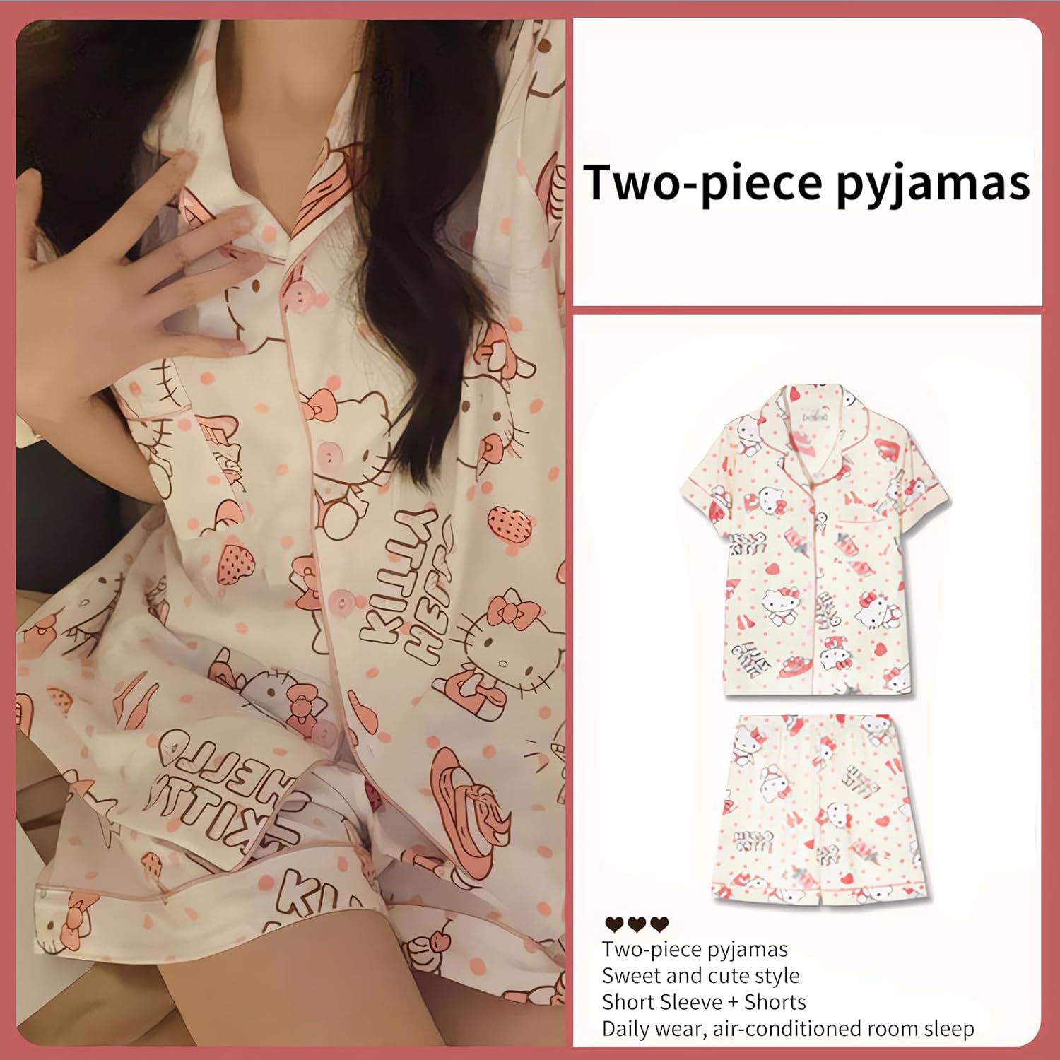 Cute Women's Pajama Sets, Cartoon Print Sleepwear Short Sleeve Shirt and Casual Short - 2 Piece - Image 5