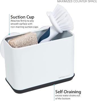 Kitchen Details Suction Sink Caddy | Sponge Holder | Suction Cup Basket | Perfect for Kitchen and Bathroom | Space Saving | Sleek Organizer | White