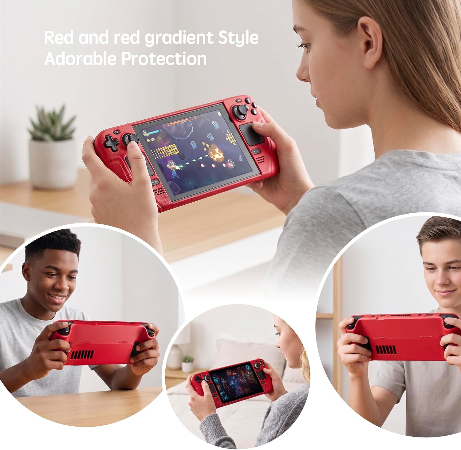 UYIYE Kickstand Case for Steam Deck Black,Soft Leather Handle Protective, Anti-Slip Shockproof Heat Dissipation,Protective and Reliable Accessory with Stand-Red