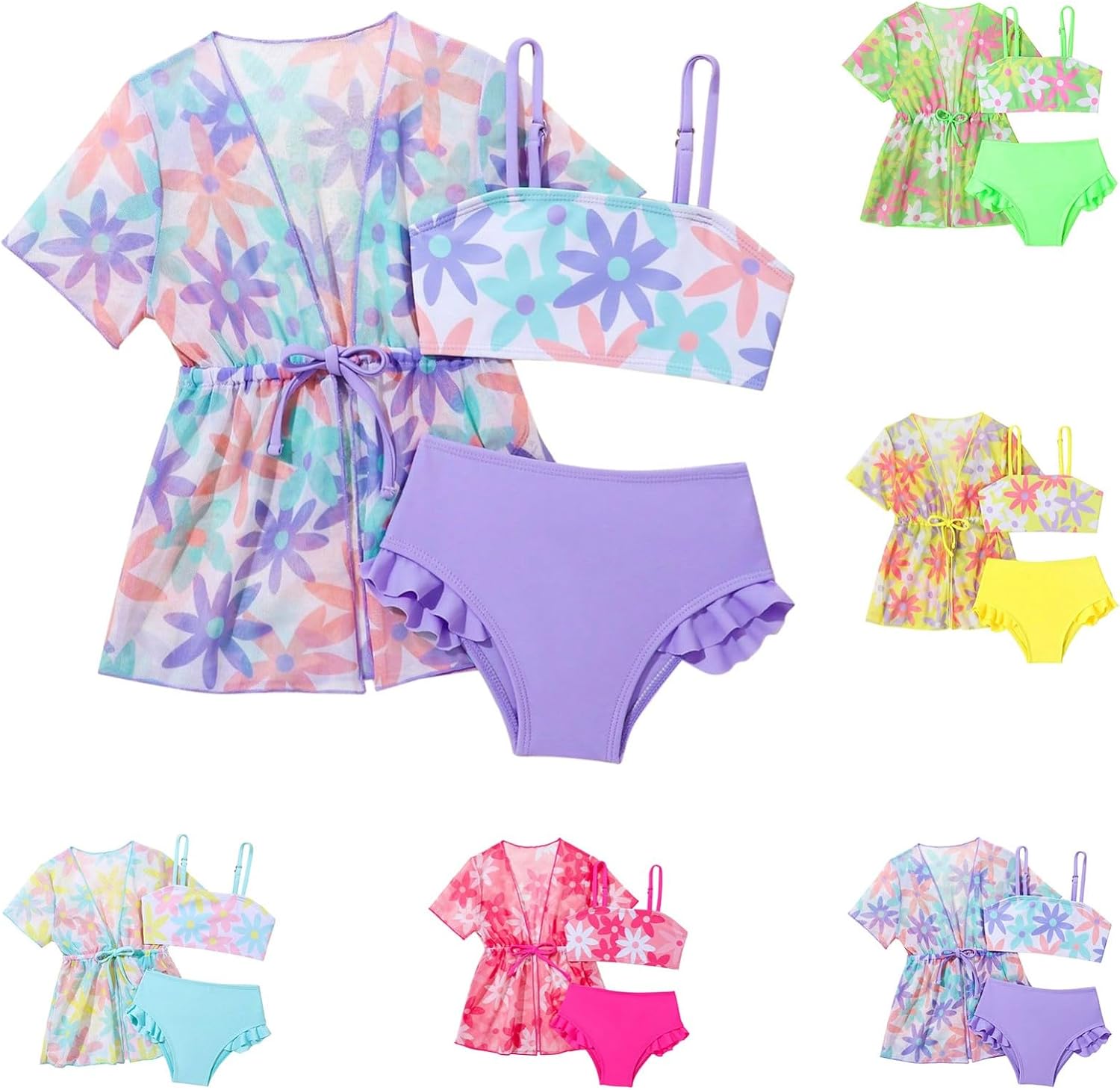 Girls Bathing Suit 3 Piece Swimsuit Drawstring Quick Dry Tankini with Cover up Kimono Cardigan Cute Floral Swim Suit Swimwear