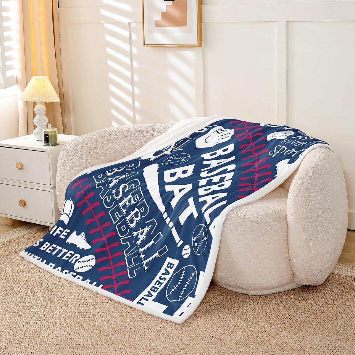 Baseball Fleece Flannel Blanket,Boys Cartoon Ball Graffiti Bed Blanket for Bed Sofa Couch,60"x80"Retro Navy Baseball Texture Bed Plush Blanket,Sport Lover Blanket for Sofa Couch