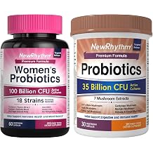 NewRhythm Probiotics Bundle Probiotics for Women, 100 Billion CFU 18 Strains, Prebiotics, 60 Capsules and Probiotics 35 Billion CFU for Women & Men, 7 Mushroom Extract, 30 Caps
